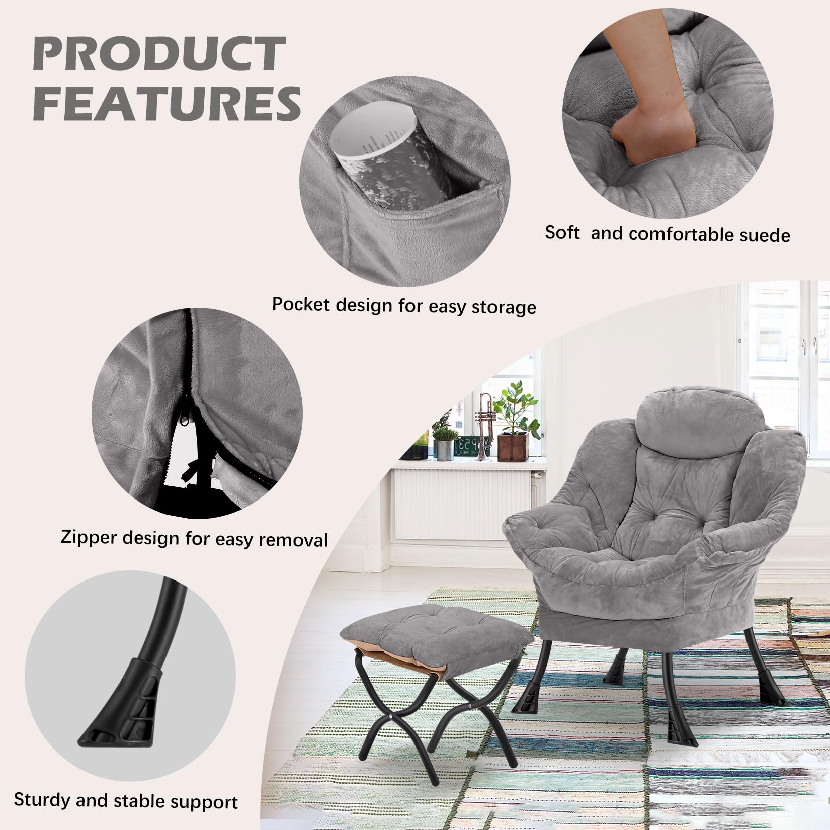 Comfortable Lazy Chair with Folding Ottoman - Soft Fabric Armchair with Armrests & Side Pockets - Reading Chair with Footrest for Living Room, Bedroom, Office (Plush Light Grey) - Perfect for Relaxing, Napping & Watching TV at Home