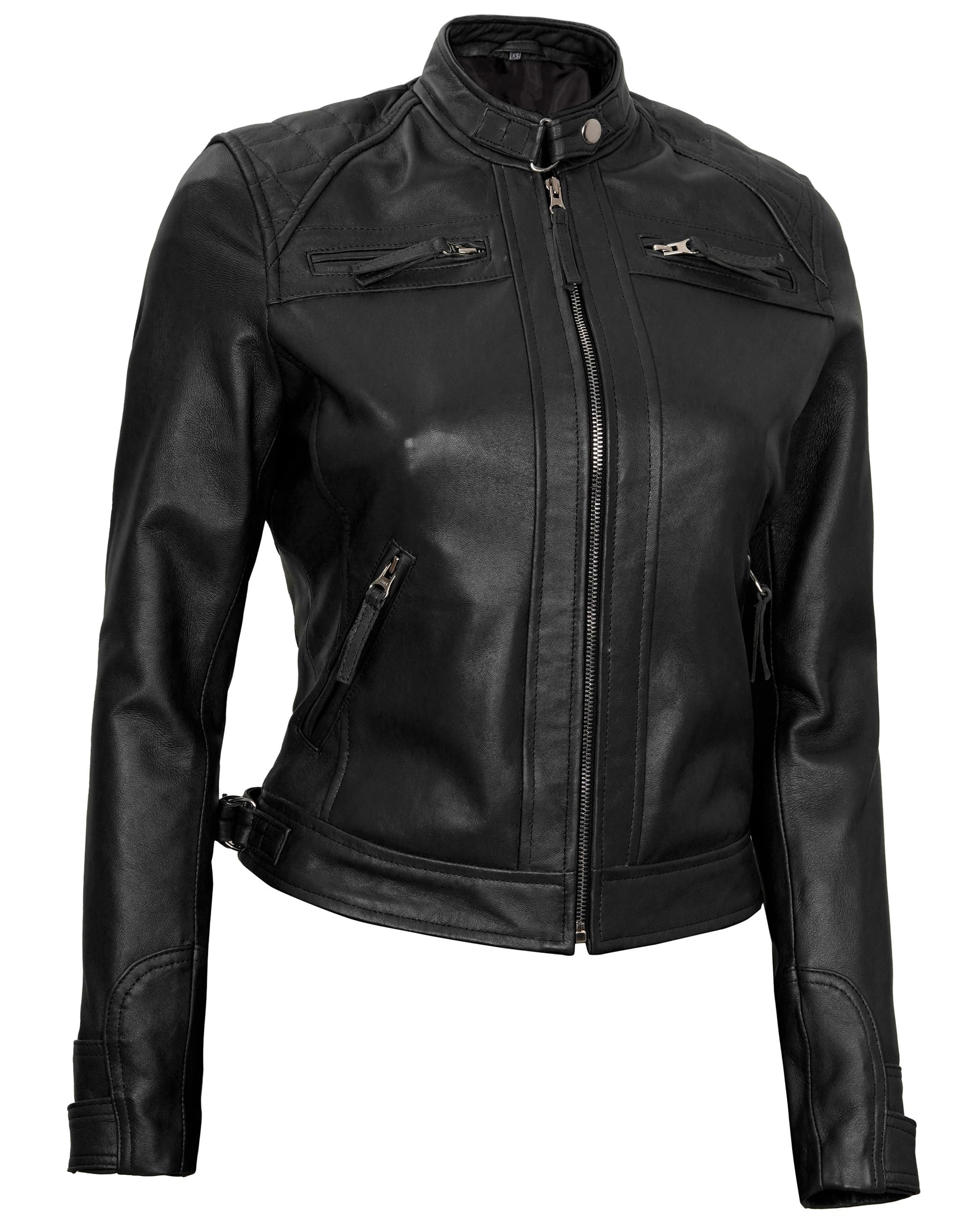 Genuine Real Leather Jacket for Women - Cafe Racer Style with Natural Grain & Stand Collar | Women's Motorcycle Jacket for Riding & Casual Wear
