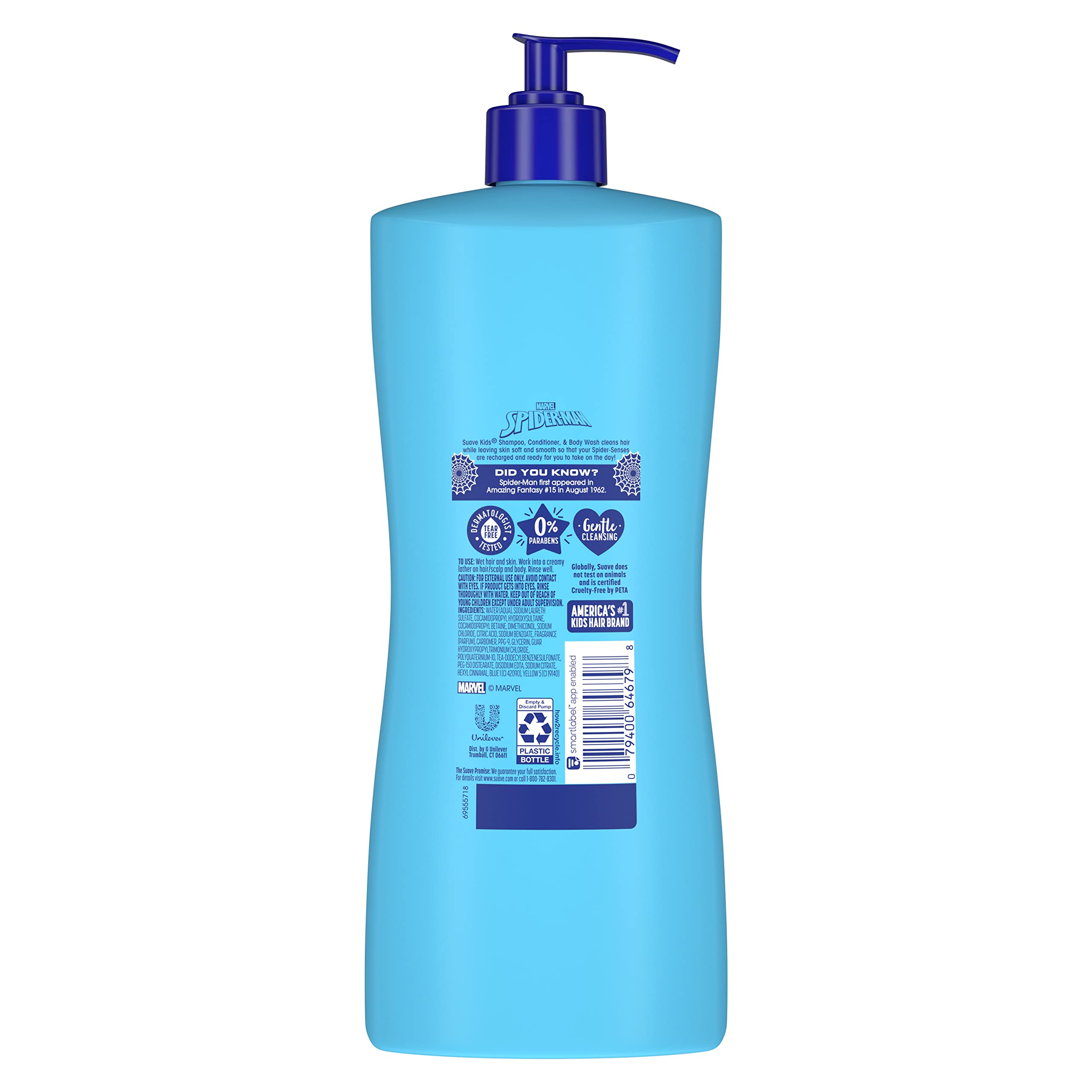 Suave Kids 3-in-1 Tear-Free Shampoo, Conditioner & Body Wash - Fresh Spider-Scent, Dermatologist Tested, 28oz (Pack of 4) | Gentle Baby Bath & Shower Essentials for Sensitive Skin