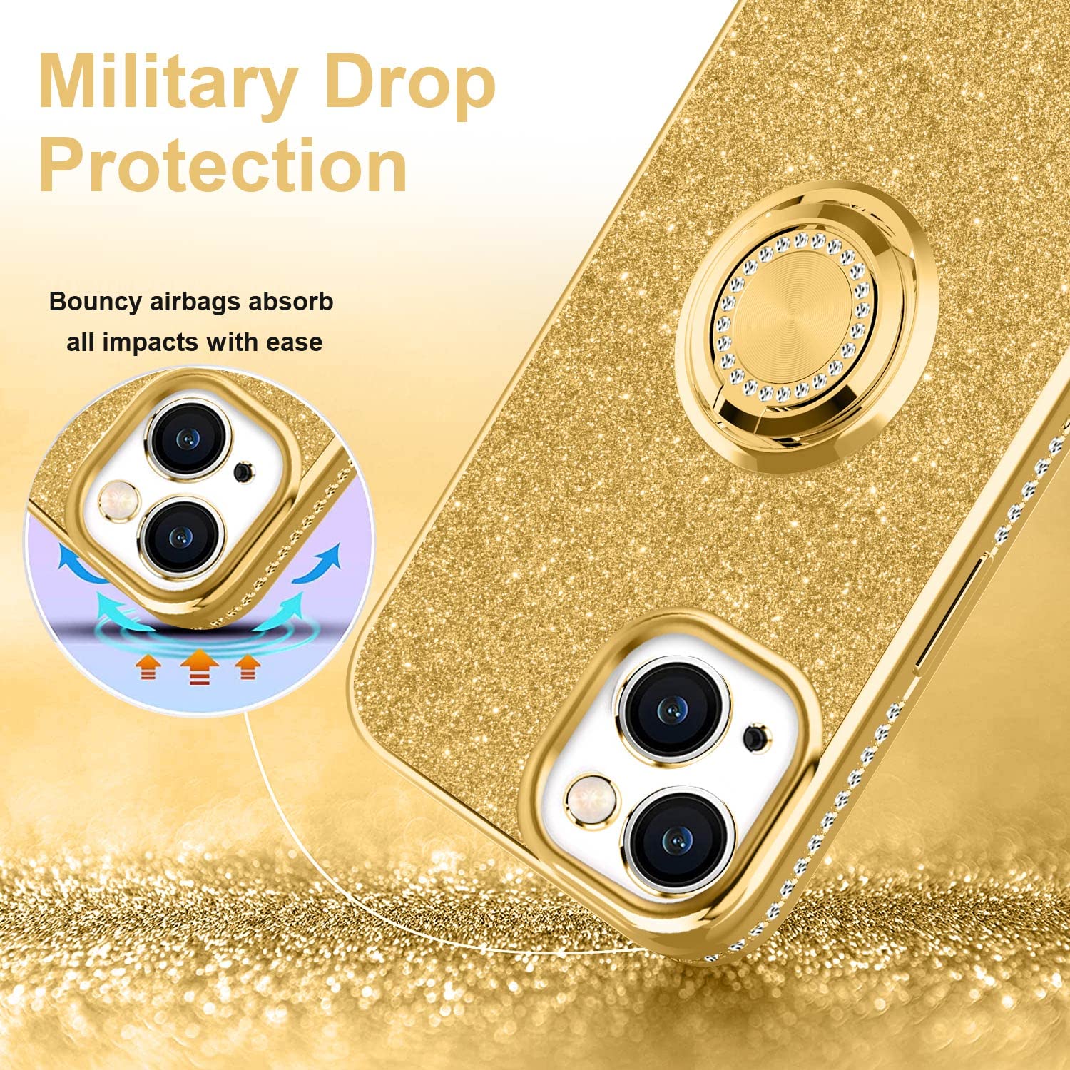 Sparkling Rhinestone iPhone 13 Case with Kickstand & Camera Protection - 6.1 Inch Glitter Phone Cover with Ring Holder, Full Body Shockproof Design for Women (Gold) | Perfect for Daily Use, Parties, Travel & Gift Giving