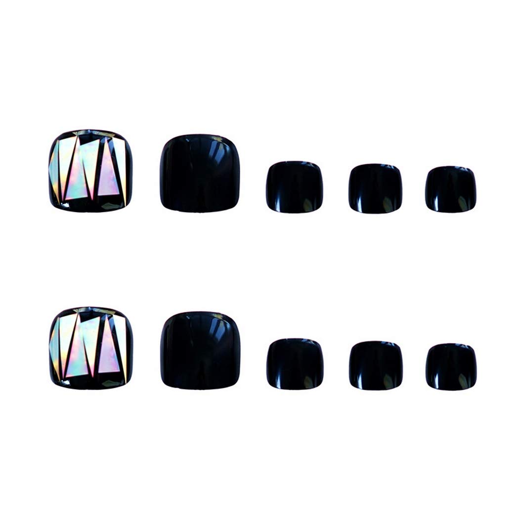 Mosako Glossy Mirror False Toenails - Black & Silver Fake Nails for Women, Full Cover Nail Tips (24Pcs) | Perfect for Pedicures, Parties, and Special Occasions