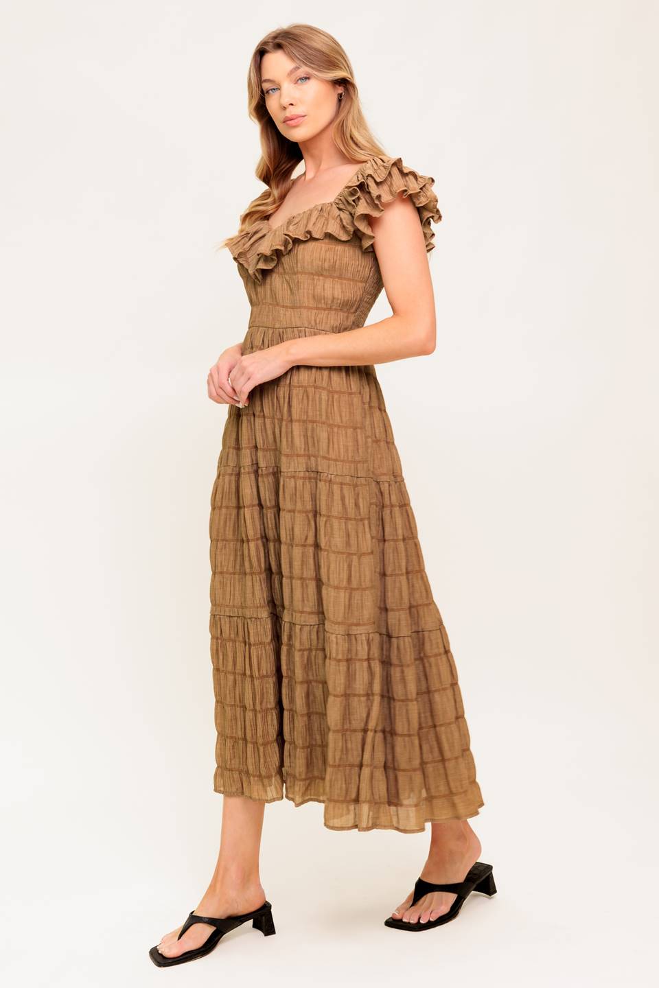 Natural Balance Brown Shirred Midi Dress - Elegant & Comfortable Casual Wear for Women | Perfect for Brunch, Office & Date Nights