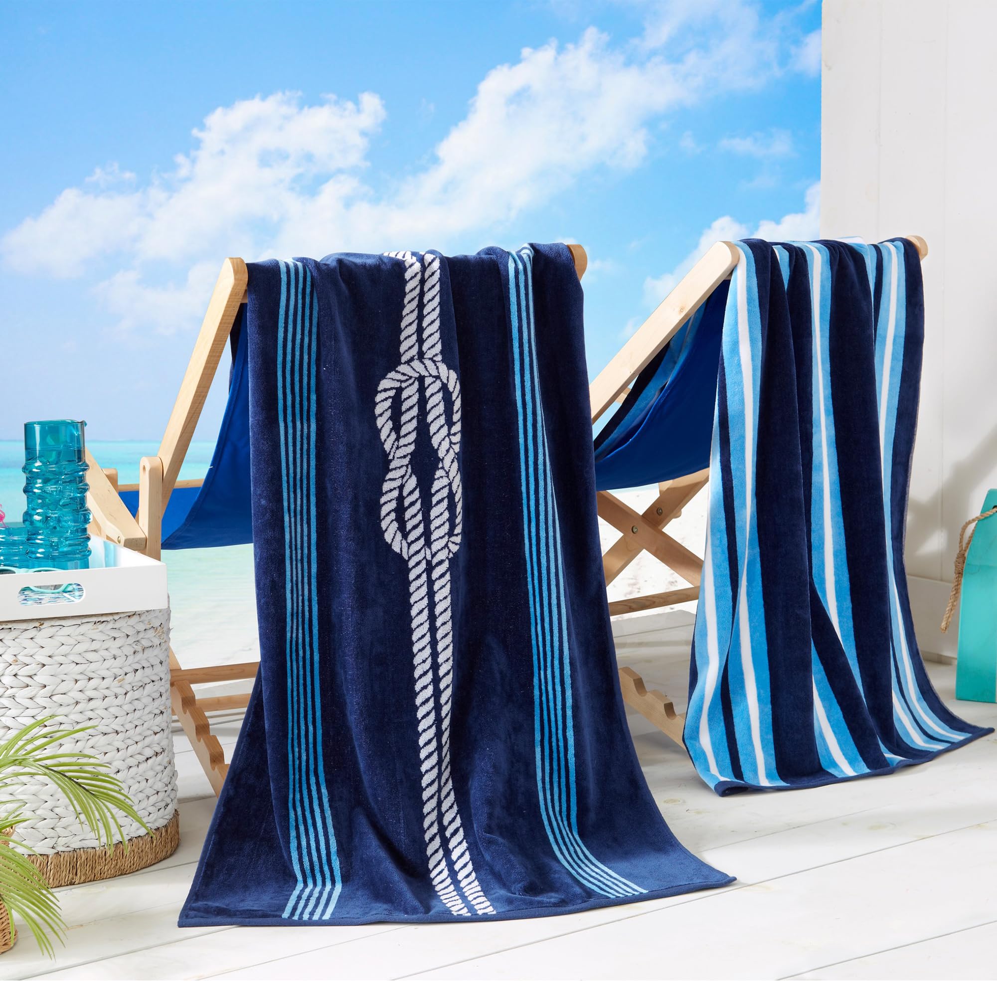 Great Bay Home 100% Cotton Beach Towels - 2 Pack 30x60 Inch Ultra Absorbent Quick Dry Bath Towels for Adults & Kids | Soft Pool, Beach, Gym & Spa Towels (Navy/Royal Blue Knot & Stripe) | Perfect for Swimming, Sunbathing & Travel