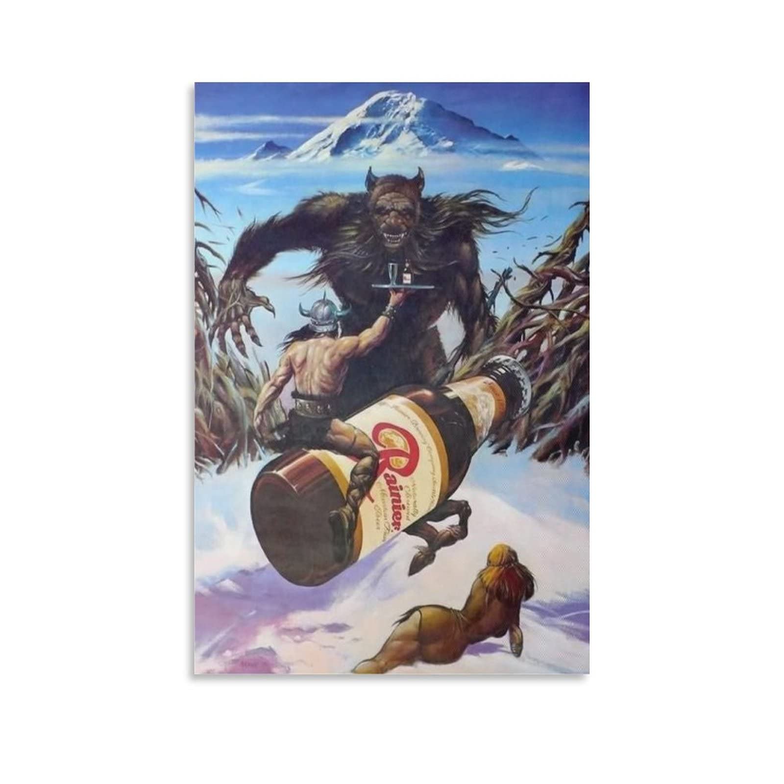 Abstract Werewolf Art Print - Vintage Bigfoot & Snowman Wall Decor - Monster Canvas Painting for Beer Bar & Home - Unique Gift Idea for Horror & Fantasy Fans - Perfect for Halloween, Man Cave, or Gothic Room Decor