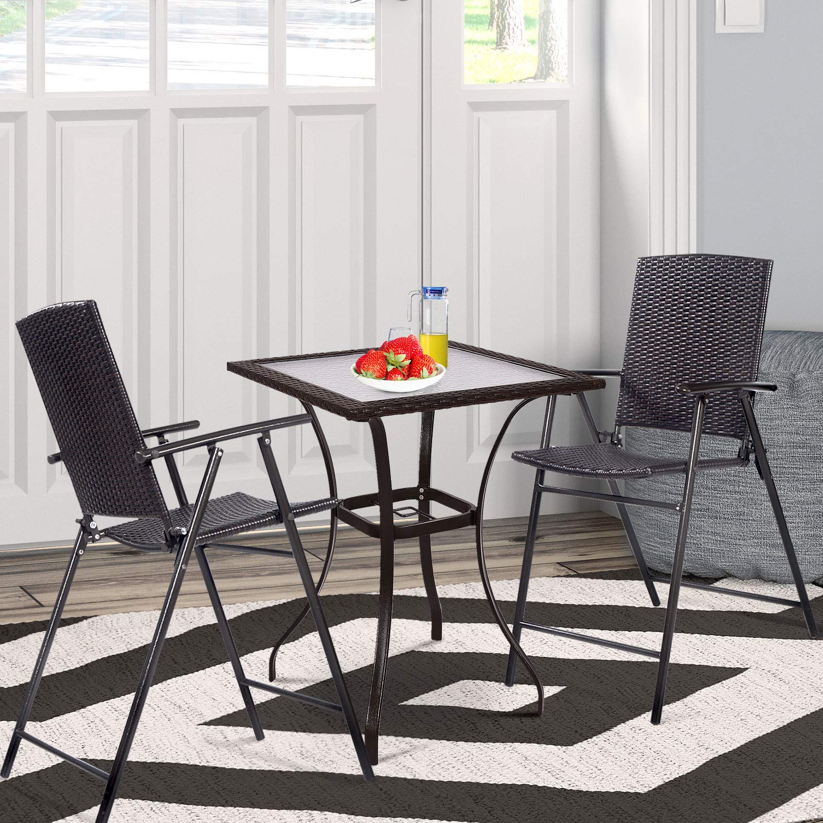 4-Piece Folding Wicker Rattan Bar Stool Set - Tall Backrest Bar Chairs with Steel Frame, Armrests & Footrest - Outdoor Patio Furniture for Garden, Poolside & Restaurant Use