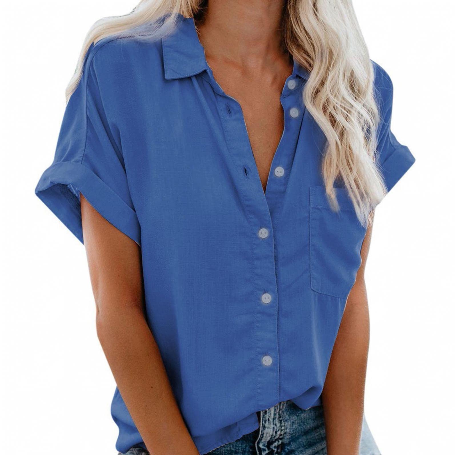 Women's Summer Casual Short Sleeve Button Down Shirt - Loose Fit Solid Color Tops with Turndown Collar | Perfect for Beach Outings, Office Wear & Everyday Fashion