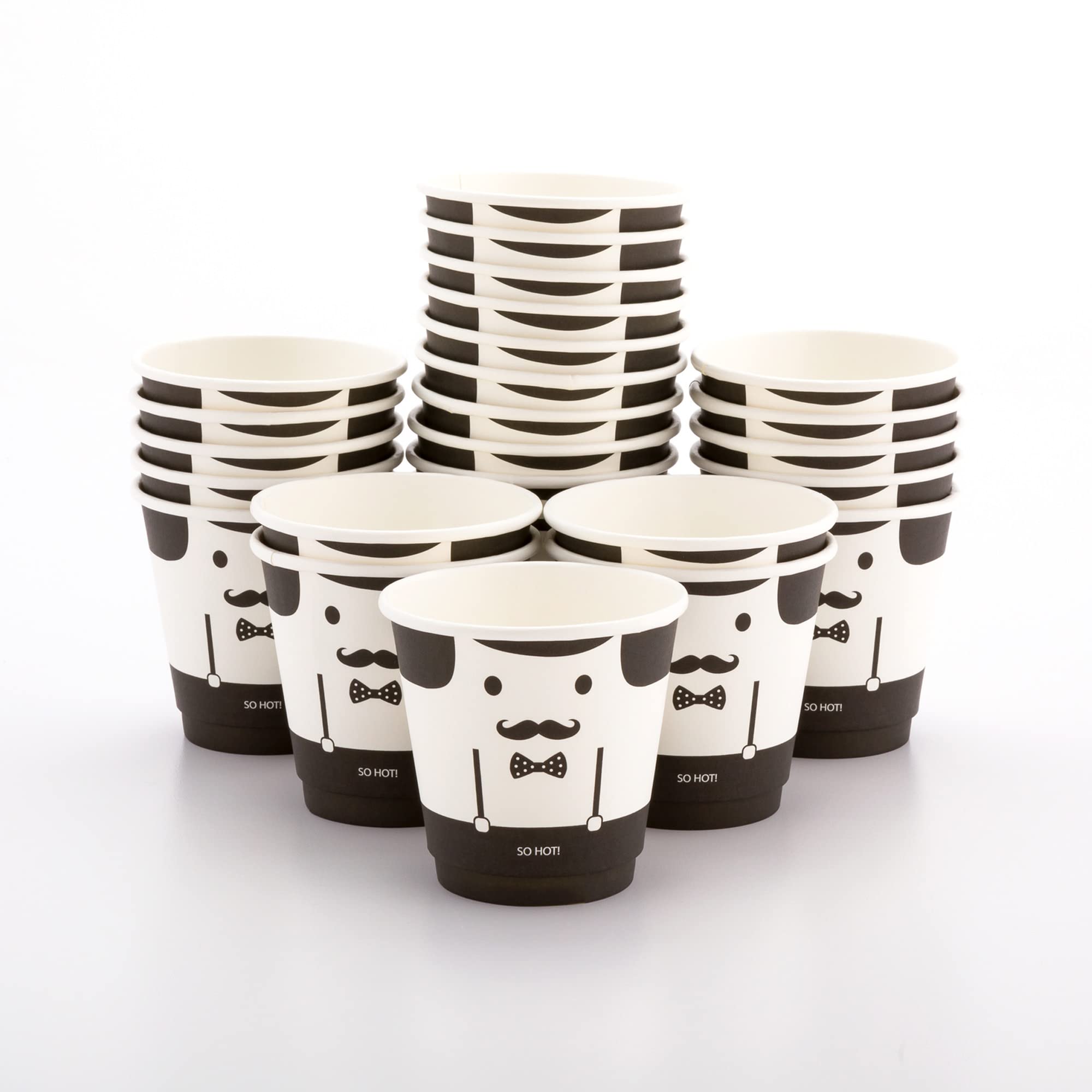 8oz Disposable Paper Coffee Cups - 25 Pack Leakproof & Recyclable Hot Drink Cups with Insulated Design | Black & White Monsieur Pattern | Matching Lids Sold Separately | Perfect for Coffee Shops, Offices & Catering Events