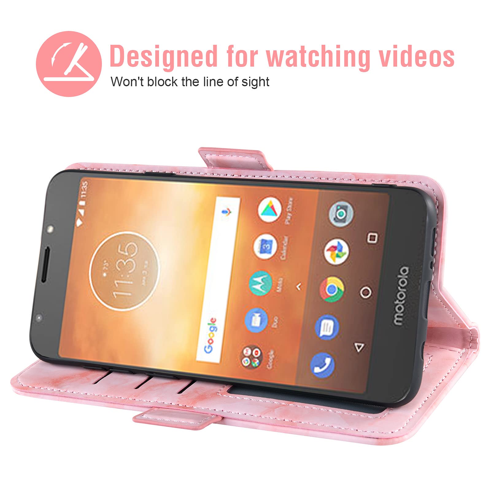 ASUWISH Marble Flip Wallet Phone Case with Card Holder & Kickstand + Tempered Glass Screen Protector - Compatible with Motorola Moto E5 Play/E5 Cruise/5E/Go - Stylish Protection for Everyday Use & Travel (Pink)