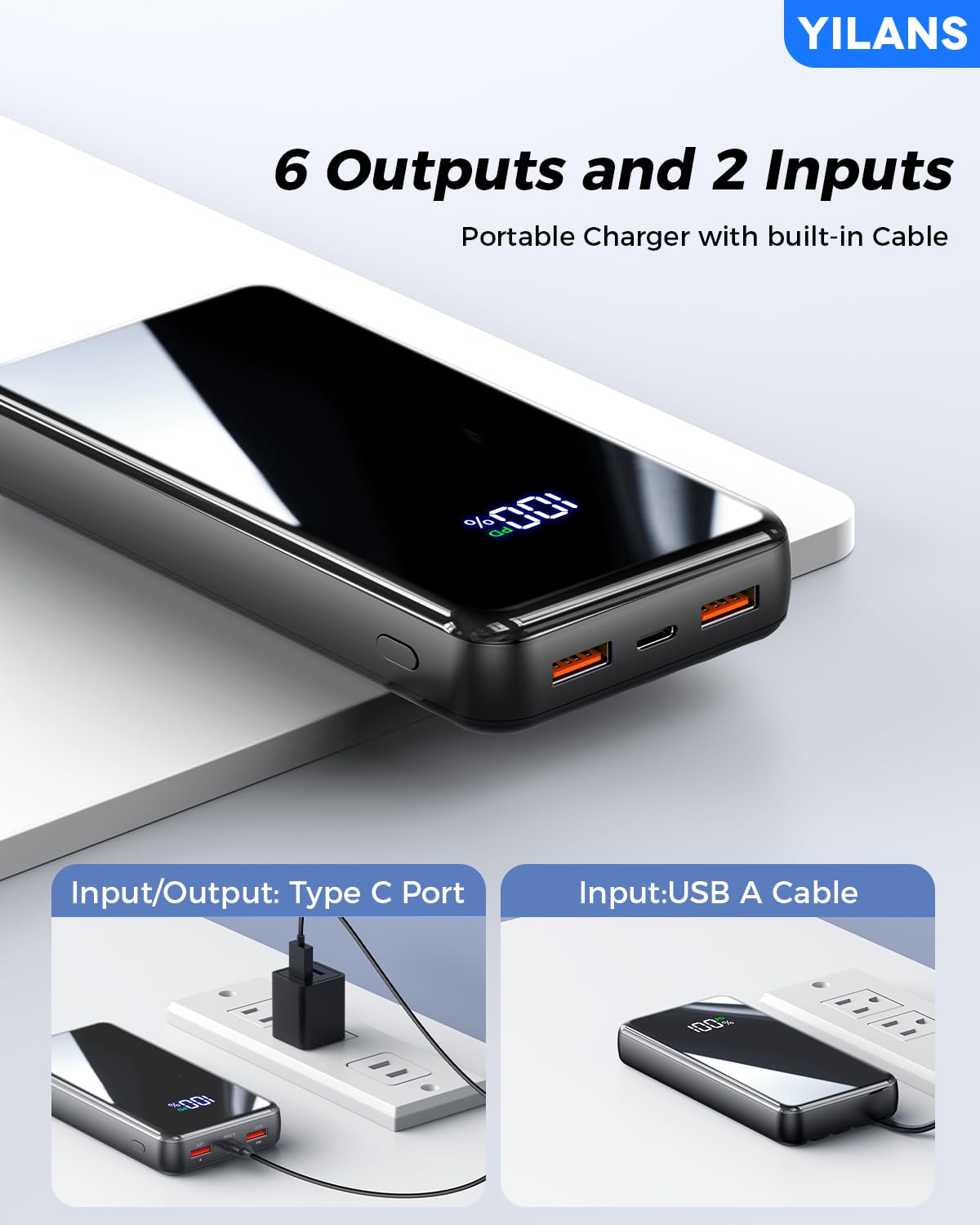 42800mAh Portable Charger with Built-in Cables | 22.5W PD Fast Charging Power Bank | 6 Outputs & 2 Inputs External Battery Pack | Compatible with iPhone 16/15/14/13/12 & Android Phones | Perfect for Travel, Camping & Emergency Power Backup