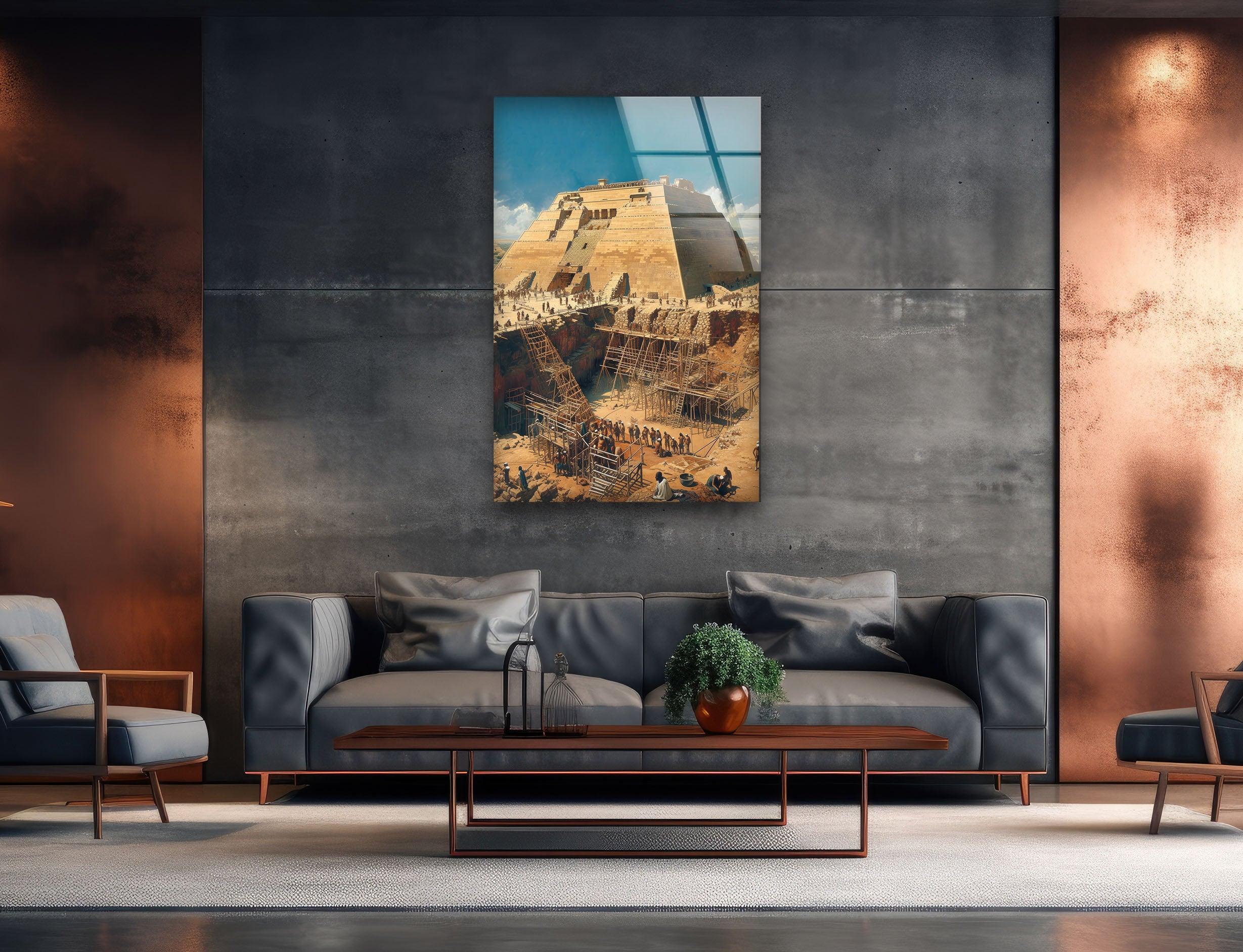 Ancient Pyramid Construction Glass Wall Art - Handmade Egyptian History Decor for Home & Office - Perfect for Living Room, Bedroom, or Office Wall Decor