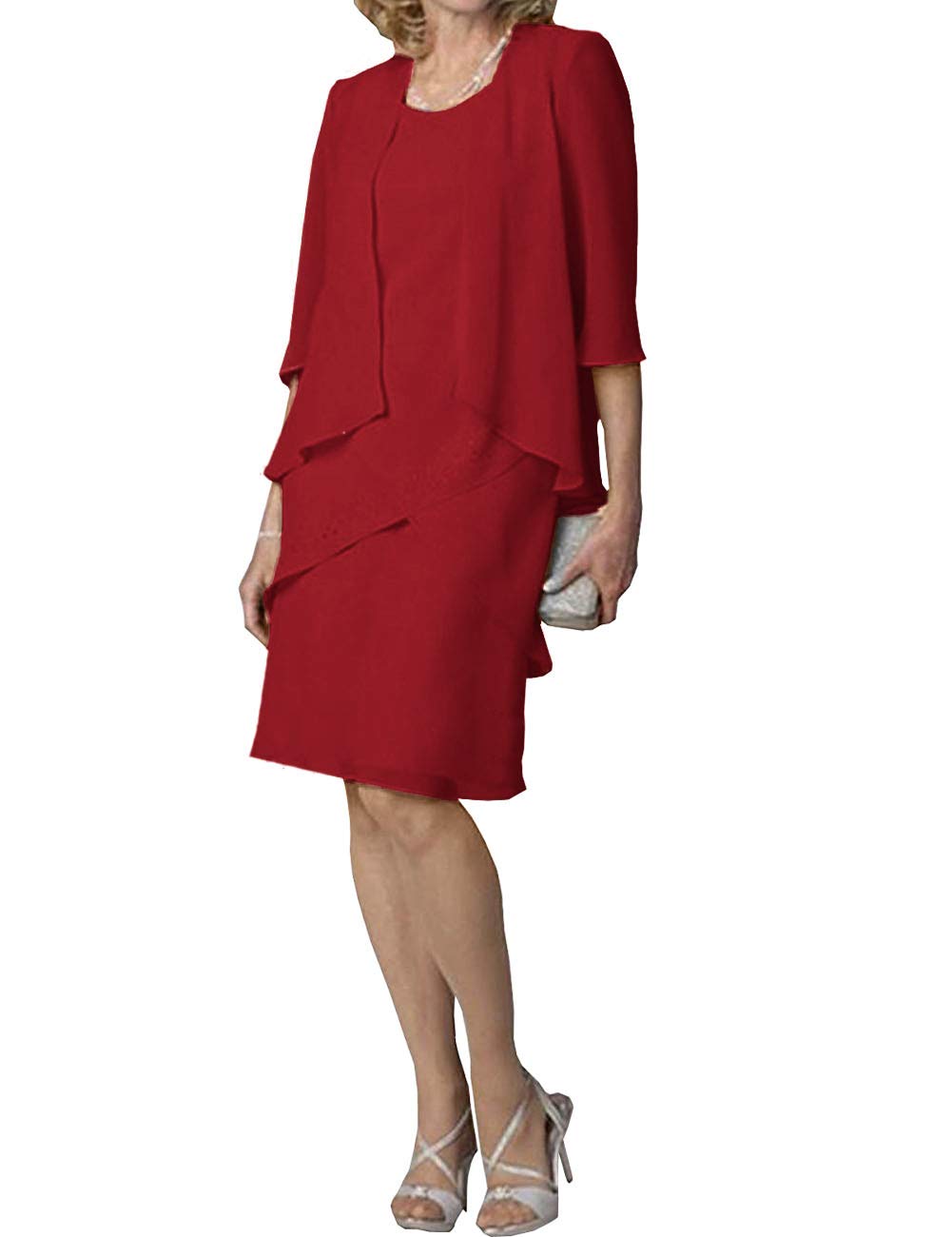 Elegant Mother of The Bride Dress - Short Evening Formal Gown with 3/4 Sleeve Chiffon Jacket & Tiered Skirt | Perfect for Weddings, Cocktail Parties & Special Occasions