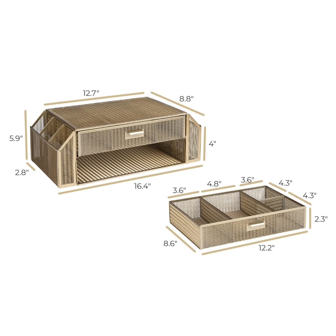 Blu Monaco Gold Monitor Stand with Drawer - Desk Organizer for Laptop & Computer