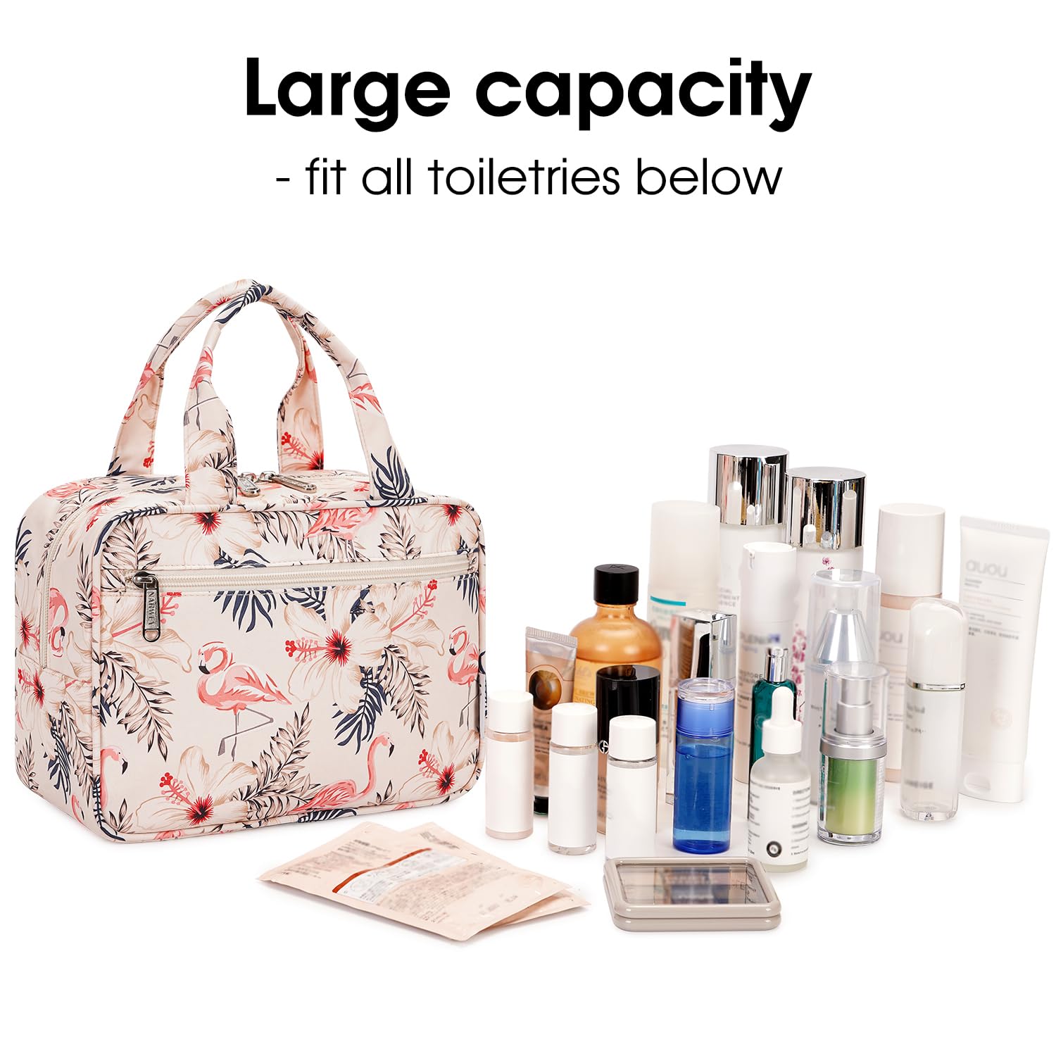 Narwey Large Makeup Travel Bag - Women's Toiletry Organizer for Essentials (Beige Bird) - Perfect for Vacation & Gym