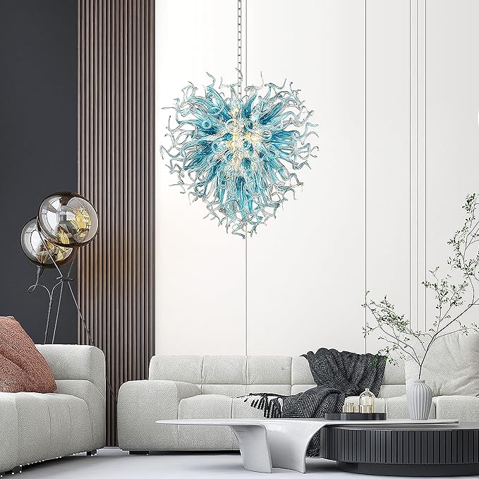 Modern Aqua Blue Glass Chandelier - Elegant Crystal Ceiling Light Fixture for Dining Room, Bedroom & Living Room Decor | Perfect for Home, Hotel and Wedding Venue Lighting