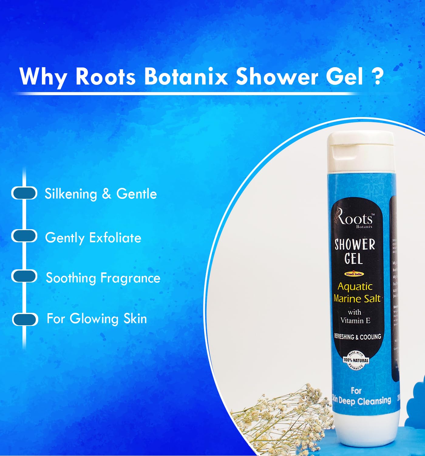 Roots Botanix Vitamin E Marine Salt Bath & Shower Gel - Hydrating Body Wash with Aquatic Freshness - 400ml for Relaxing Spa & Post-Workout Refreshment