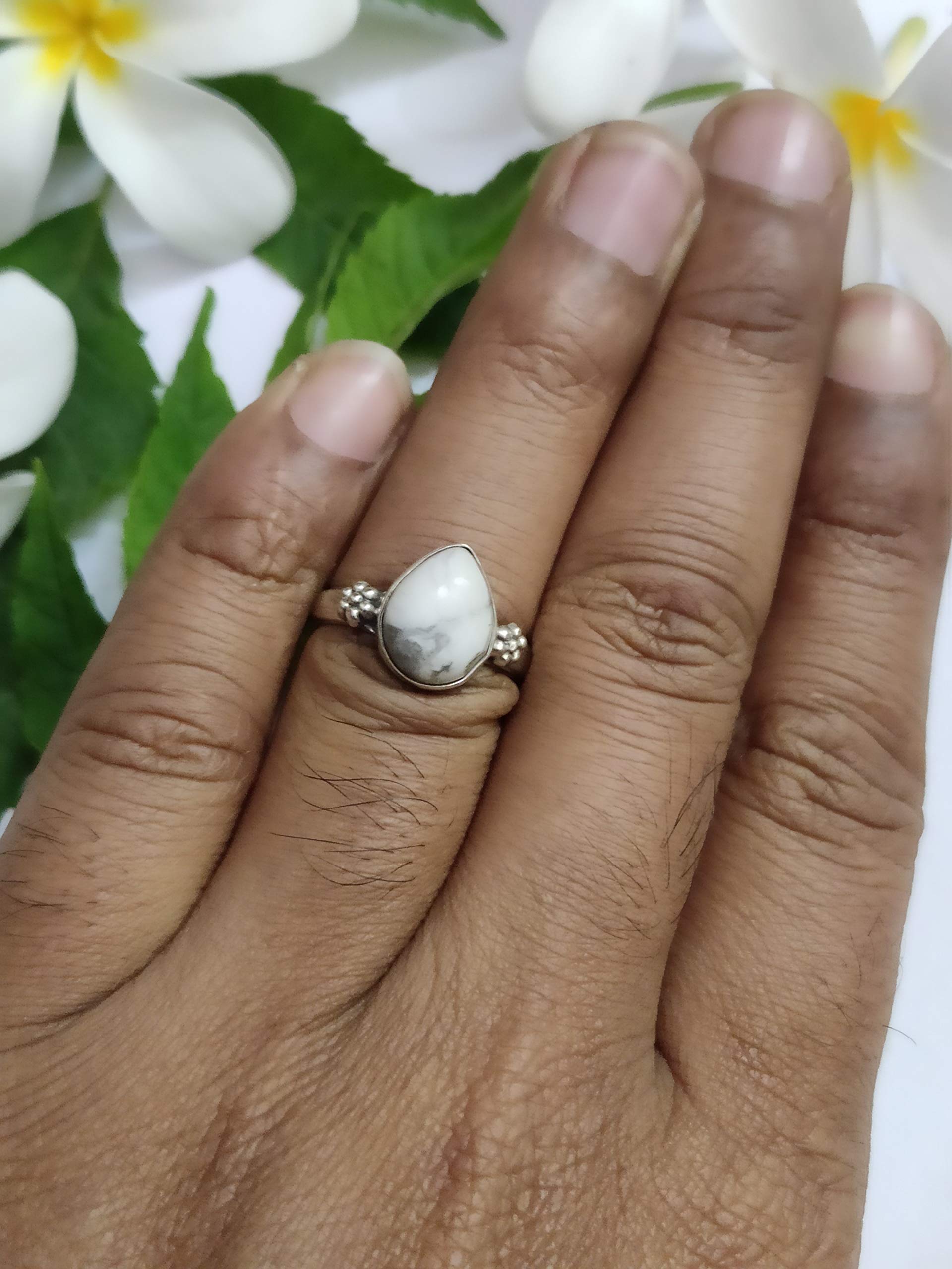 White Howlite Sterling Silver Teardrop Ring - Dainty Boho Style Promise Ring with Healing Crystal, Buffalo & Turquoise Howlite - Perfect Bridesmaid Gift, Gypsy & Vintage Jewelry for Everyday Wear or Special Occasions