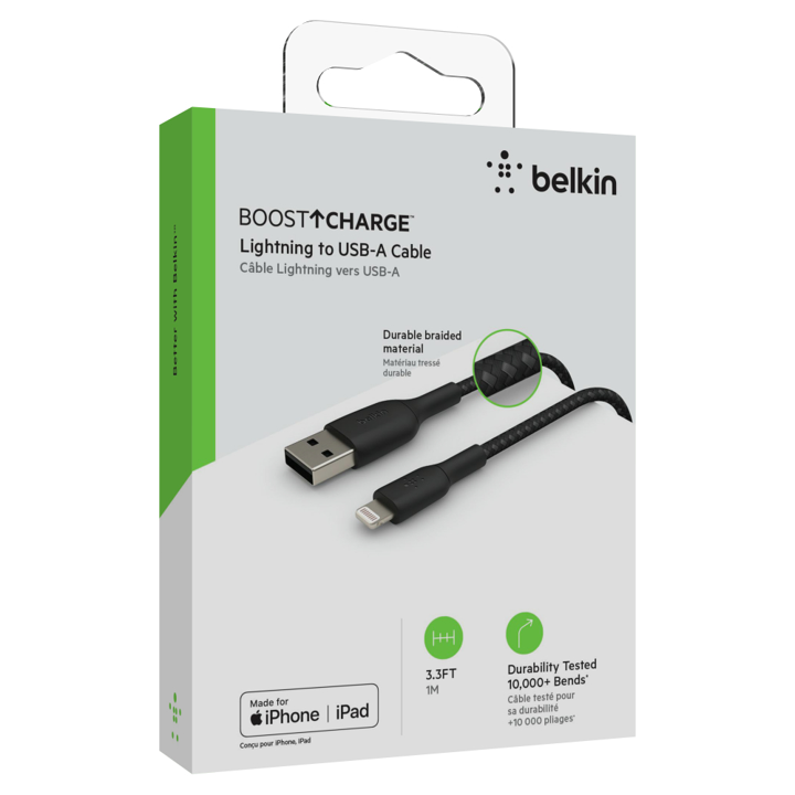 Belkin 1M USB A to Lightning Cable - Braided Black for iPhone Charging & Data Sync - Perfect for Home, Office & Travel