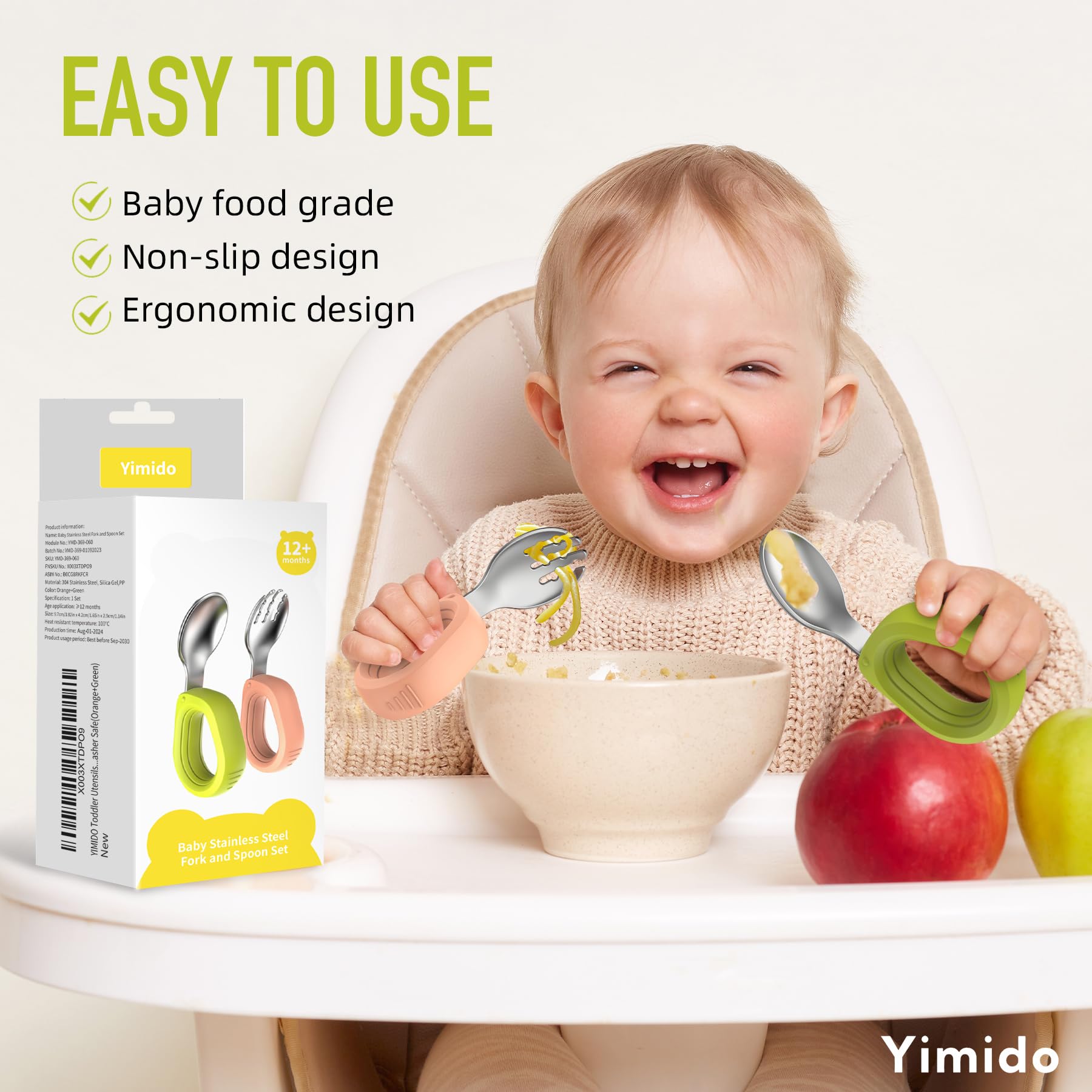 Stainless Steel Toddler Utensil Set - 4-Piece Baby Forks & Spoons for Self Feeding | BPA-Free, Dishwasher Safe | Perfect for Toddler Mealtime, Daycare & Travel (Orange + Green)