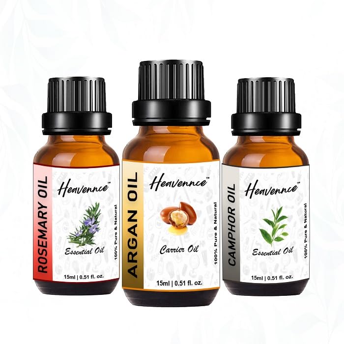 Premium Argan Oil, Camphor Oil & Rosemary Oil Trio Set - Natural Hair Growth Treatment, Skin Moisturizer & Anti-Aging Solution | Pain Relief & Rejuvenation Therapy | Aromatherapy Essential Oils Gift Set (3-Pack) for Daily Hair Care, Massage & Relaxation