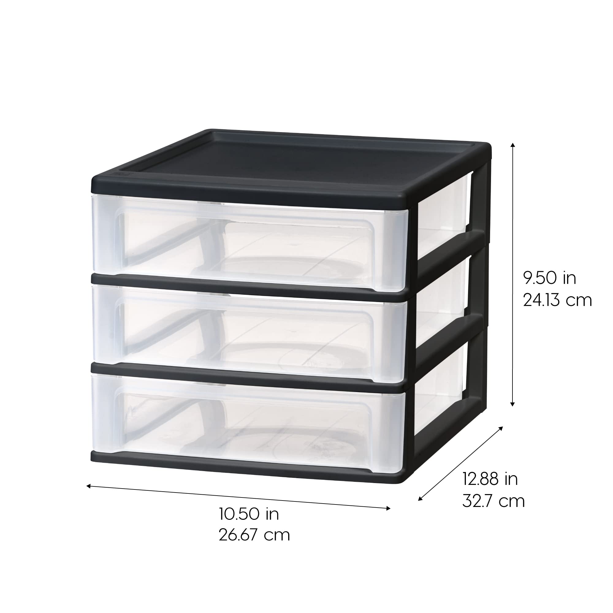 IRIS USA 3-Drawer Plastic Stacking Desk Organizer, 2-Pack - Black Medium Storage Bins for Makeup, Nail Polish, Office Supplies, Crafts & Small Items | Perfect for Vanity, Bathroom, Kitchen, Garage & Home Organization