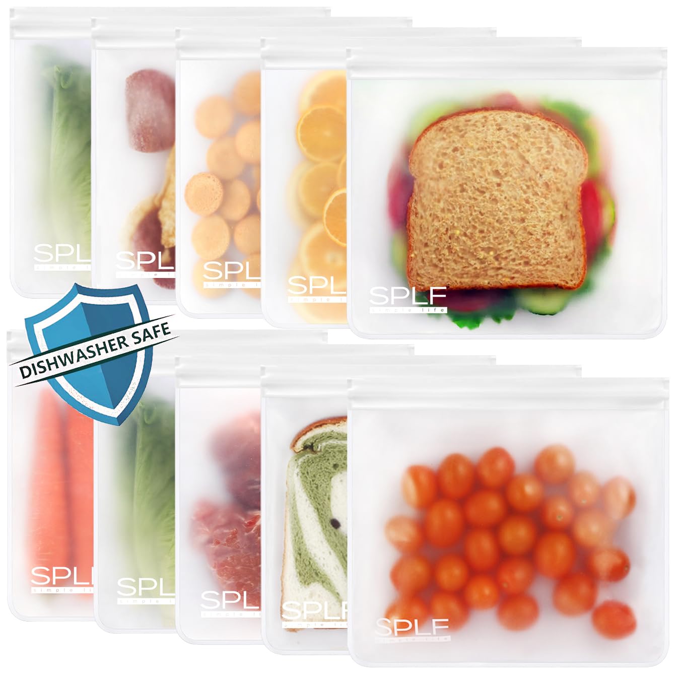 SPLF 10 Pack Reusable Sandwich Bags - BPA Free, Leakproof Silicone Food Storage Bags for Freezer, Lunch & Meal Prep | Dishwasher Safe, Plastic-Free & Eco-Friendly | Perfect for School, Work, Picnics & Travel