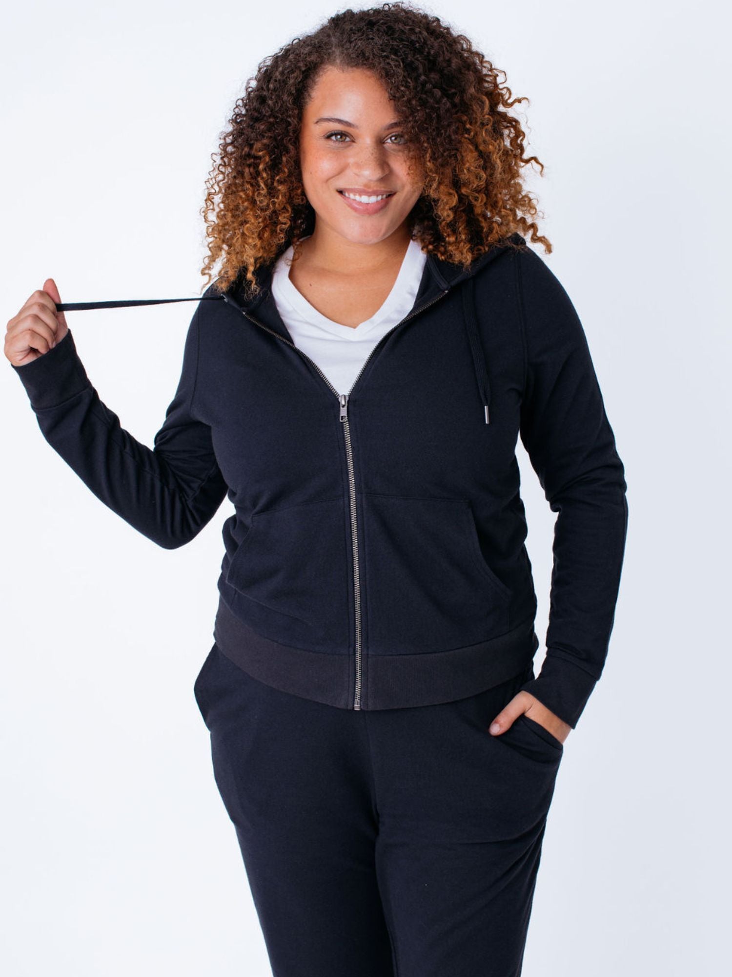 Women's Black Terry Zip Up Hoodie - Soft Fleece Lined Pullover with Pockets | Cozy Lounge Wear for Casual Outings, Gym & Travel