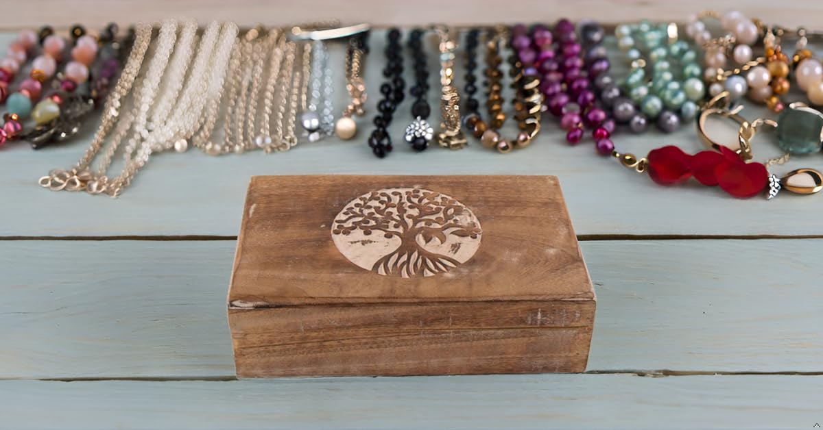 Handmade Wooden Jewelry Box with Tree of Life Carving - Jewelry Organizer, Keepsake Box, Watch Storage - Perfect for Birthday Gifts, Housewarming, Anniversary & Travel Accessories (White)