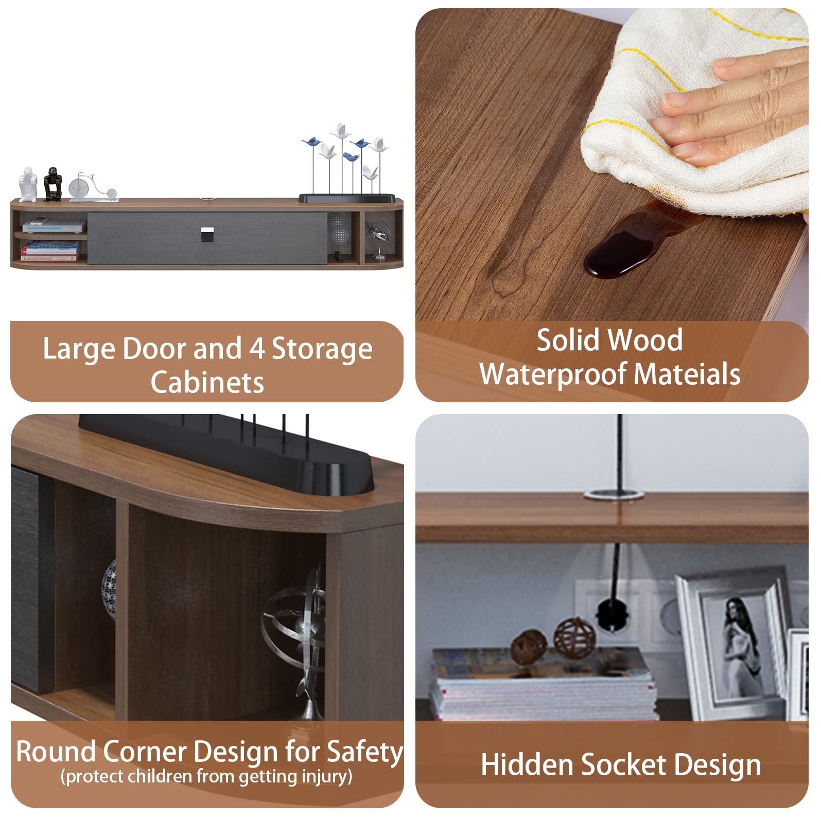 Modern TV Stand with Storage Shelves - 47 Inch Wall Mounted TV Console for Living Room & Bedroom - Walnut Finish - Perfect for Organizing Media Devices & Home Decor