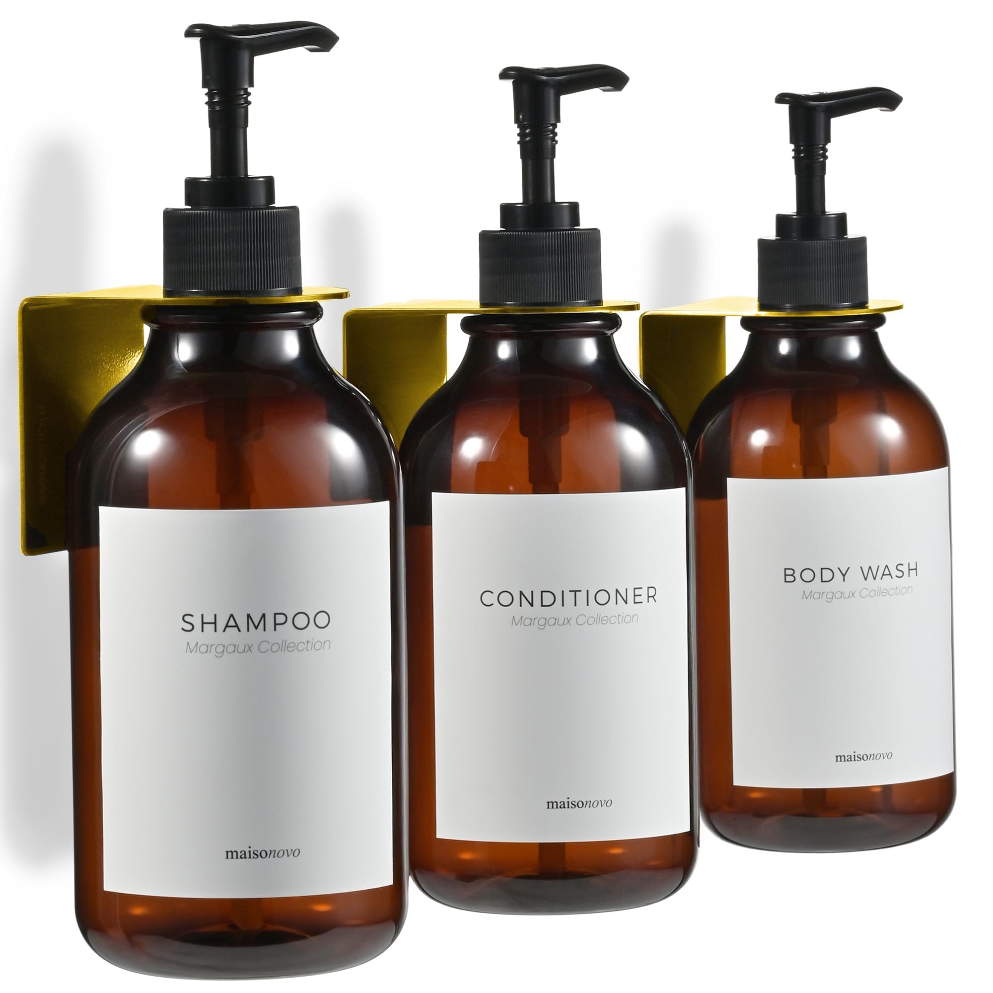 **MaisoNovo 3-Chamber Shampoo & Conditioner Dispenser Set - Wall Mounted Shower Soap Dispenser with Black Pump - 16.9 fl oz Amber Plastic Bottles - No Drill Installation - Perfect for Bathroom, Spa & Gym Organization**