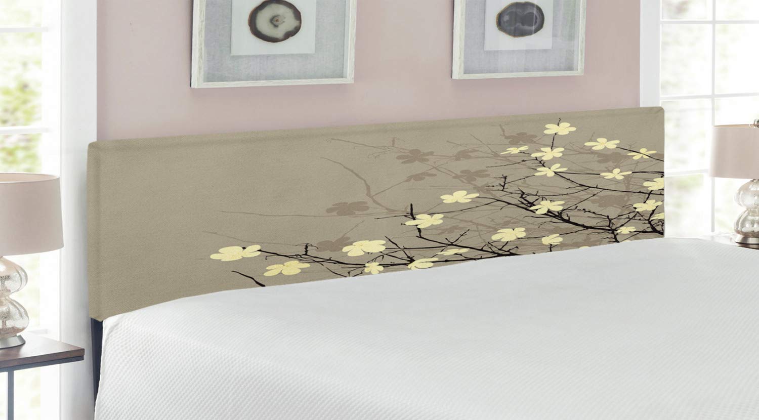 Ambesonne King Size Upholstered Metal Headboard with Memory Foam - Japanese Inspired Retro Floral Botanical Design in Beige Brown | Perfect for Bedroom Decor, Master Suite Upgrade & Asian-Themed Home Interiors