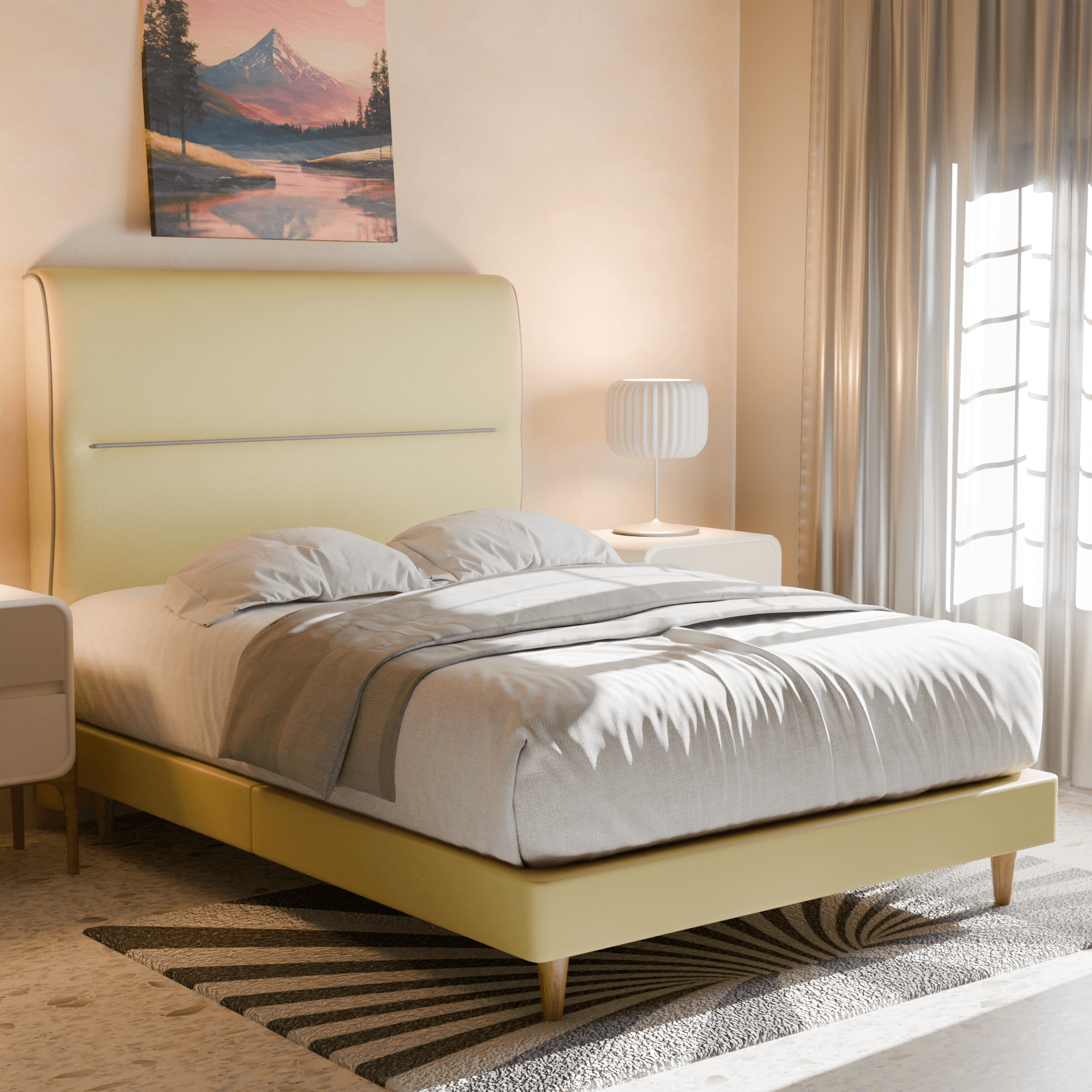 Emilia Queen Size Faux Leather Upholstered Platform Bed Frame with Wooden Slats - Modern Bedroom Furniture for Master & Guest Rooms