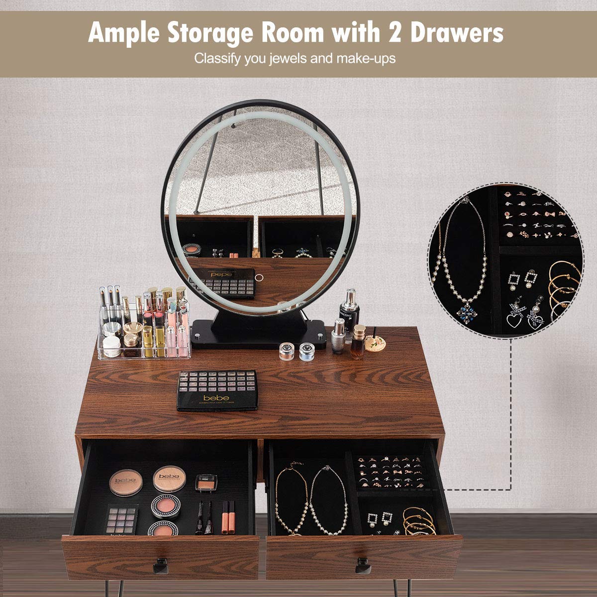 Charmaid Makeup Vanity Table with LED Mirror - 3 Lighting Modes & Adjustable Brightness, 2 Spacious Drawers & Acrylic Organizers, Girls Bedroom Dressing Table Set with Stool (Walnut) - Perfect for Makeup Application, Skincare Routine & Bedroom Decor