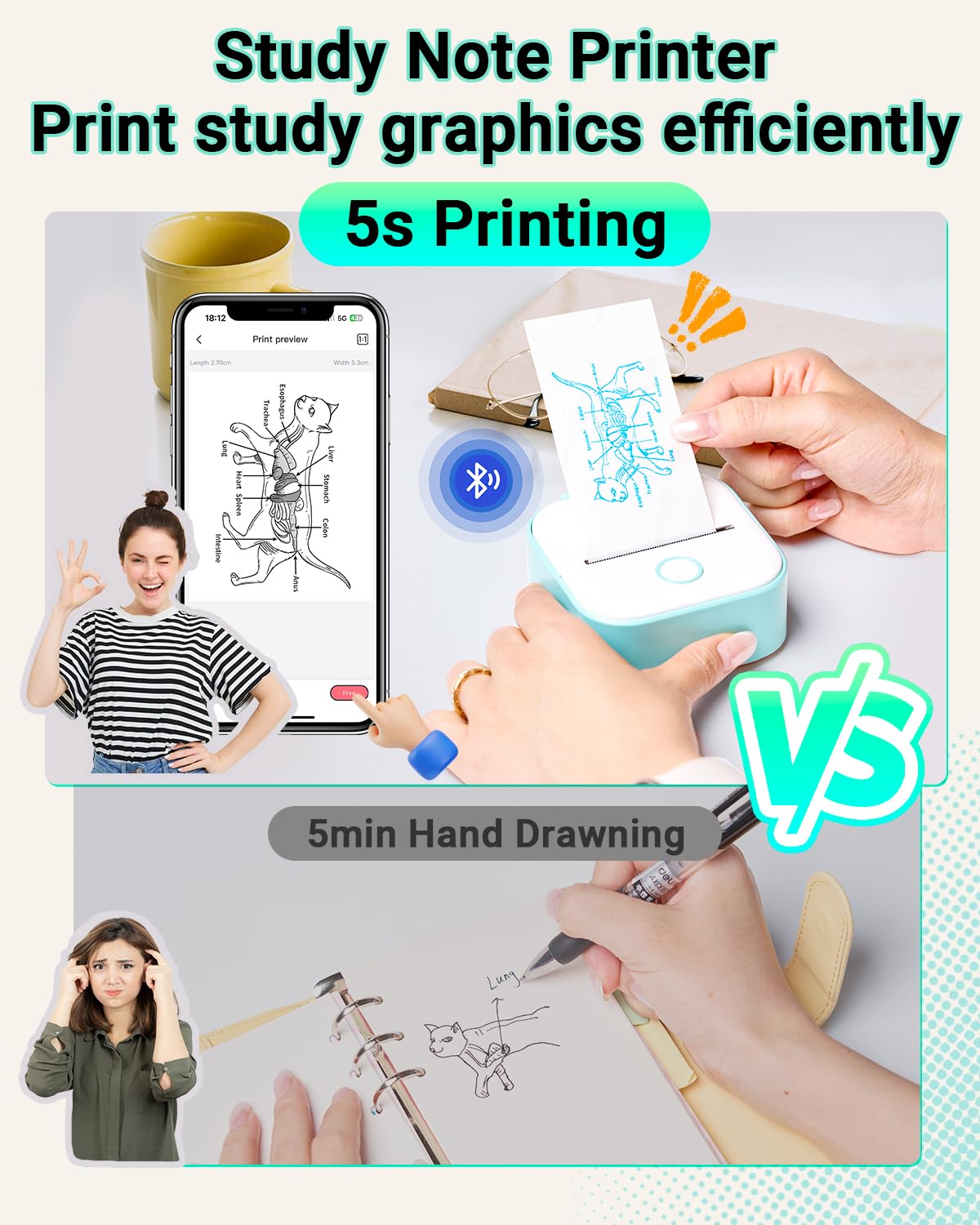 Print Pods Mini Thermal Printer - Portable Inkless Sticker Maker for Study Notes, Graphic Labels, Anatomical Diagrams & Receipts | Compact Phone Labeling Machine for Students, Office & Home Organization (Green)