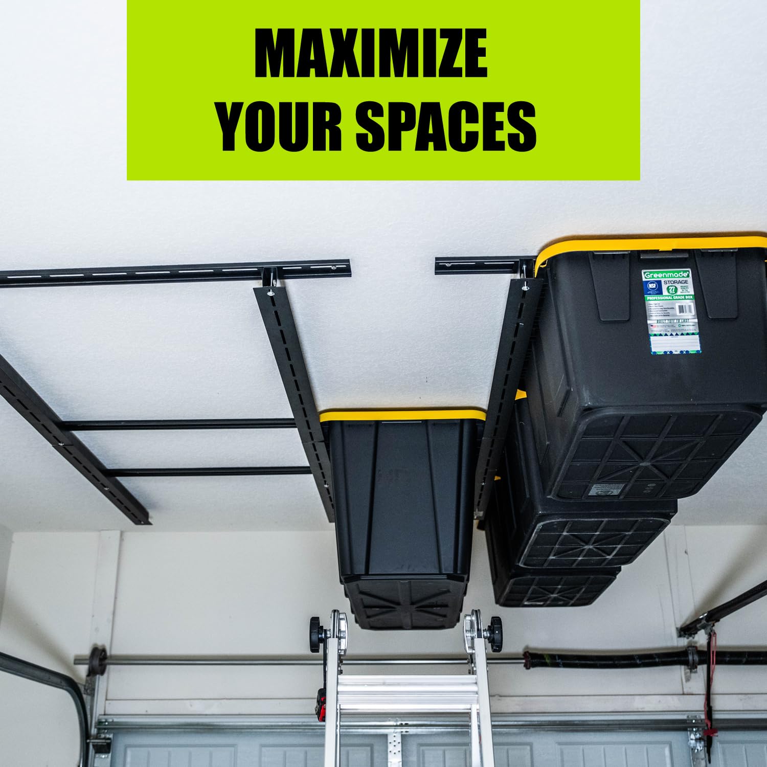 Heavy Duty Adjustable Garage Ceiling Storage Rack - Overhead Tote Slide Rail System for Garage Organization | Black (MR0001) | Perfect for Storing Bins, Seasonal Items & Sports Equipment