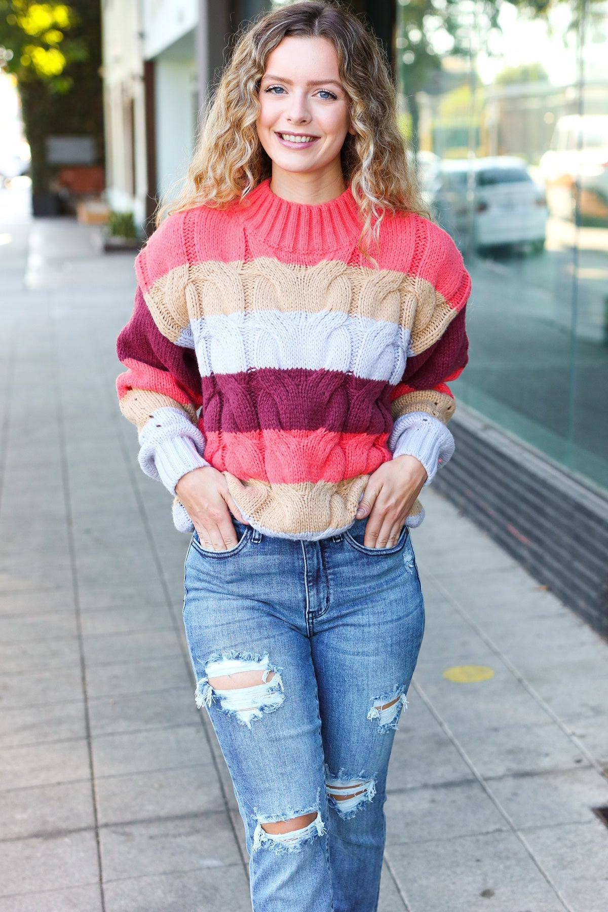 Rust & Multicolor Striped Cable Knit Mock Neck Sweater for Women | Cozy Fall & Winter Pullover | Perfect for Casual Outfits, Office Wear & Holiday Gatherings