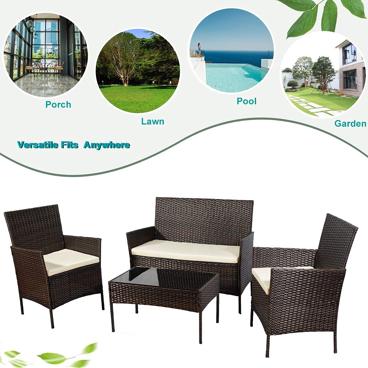 4-Piece Outdoor Rattan Wicker Patio Furniture Set with Tempered Glass Table - Brown Rattan Sofa and Chairs for Backyard, Poolside, Garden, and Patio Conversation Areas