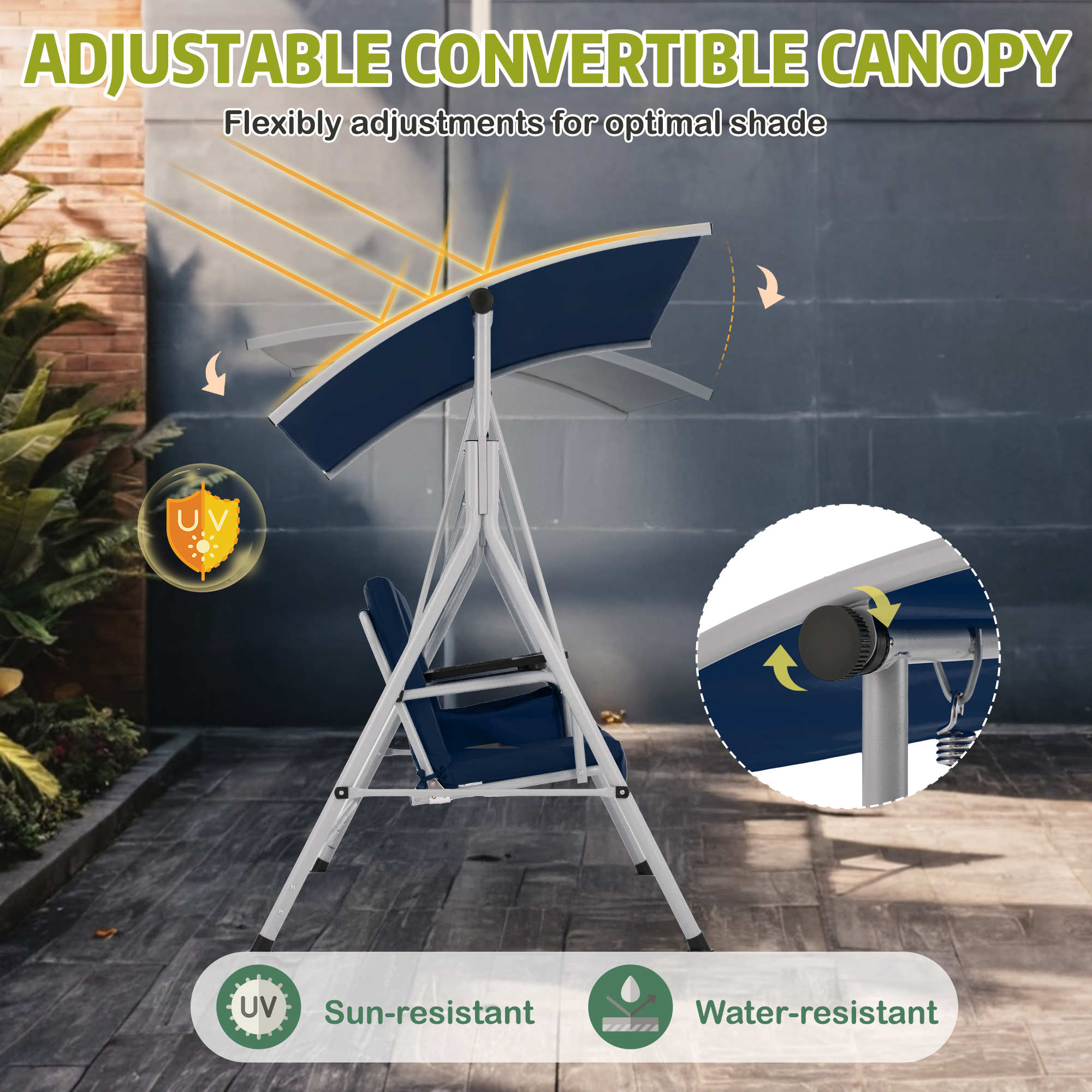 EROMMY 2 Person Outdoor Porch Swing with Canopy, Storage Table & Cooler Bag - Includes Comfortable Cushions - Navy Blue Patio Furniture for Backyard, Garden, Deck Relaxation