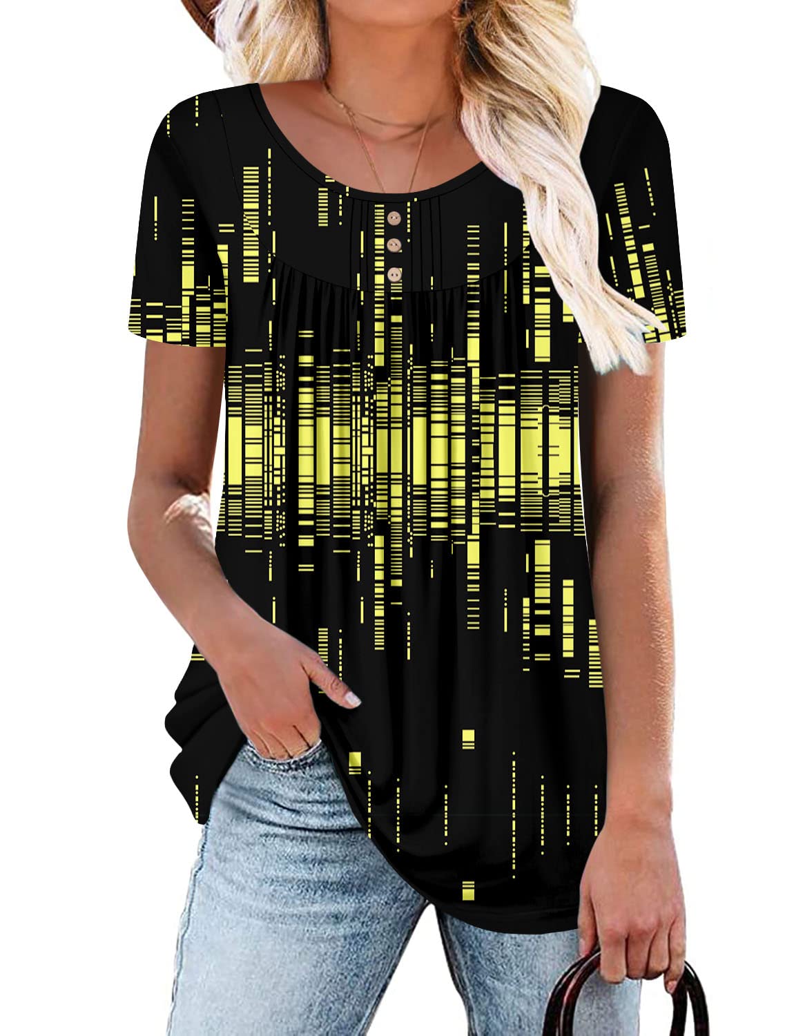 BETTE BOUTIK Women's Short Sleeve Tunic Blouse - Stylish Button Up Shirt with Decorative Details (Sizes S-3XL) | Perfect for Casual Wear, Office Outfits & Summer Fashion
