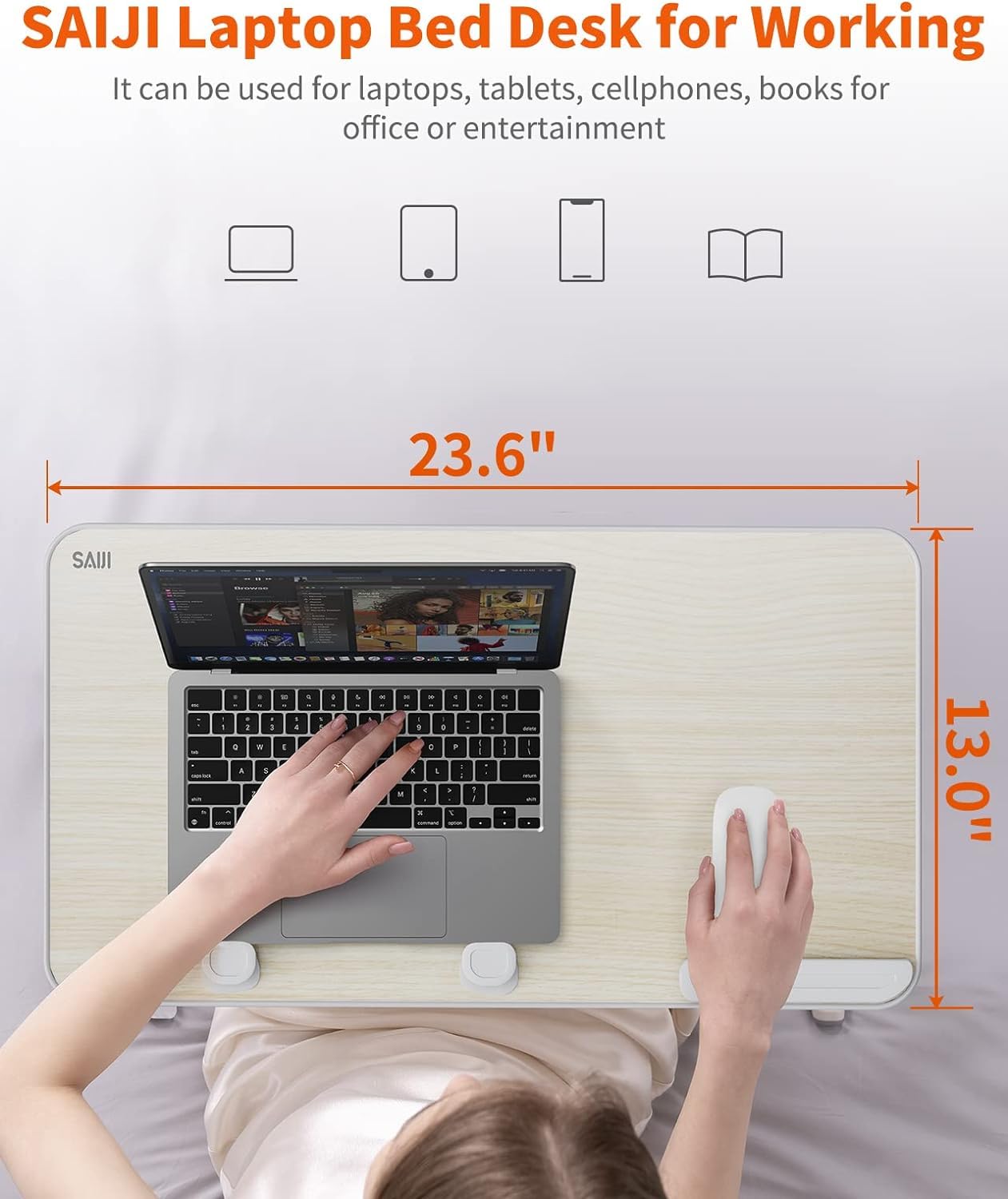 SAIJI Adjustable Laptop Desk for Bed - Foldable Lap Table for Eating, Writing & Working on Sofa, Couch or Bed (23.6 x 13 Inches, Teak Wood) - Perfect Home Office & Entertainment Solution