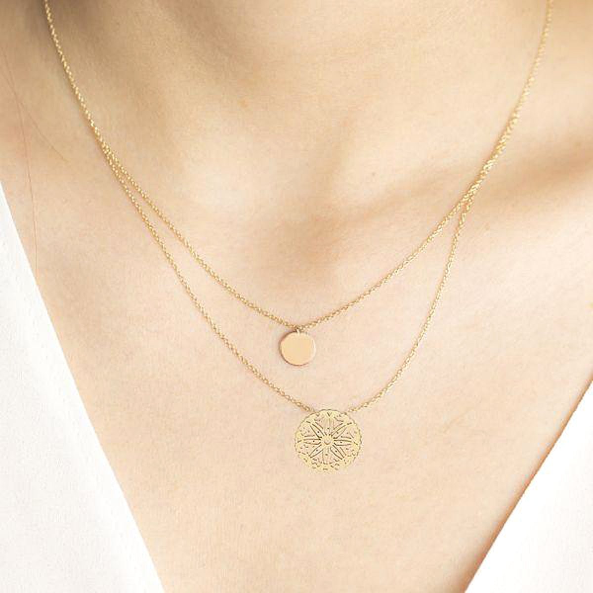 10K Yellow Gold Double Wrap Disc & Medallion Necklace for Women - Elegant Layered Pendant Necklace for Everyday Wear, Date Night & Special Occasions