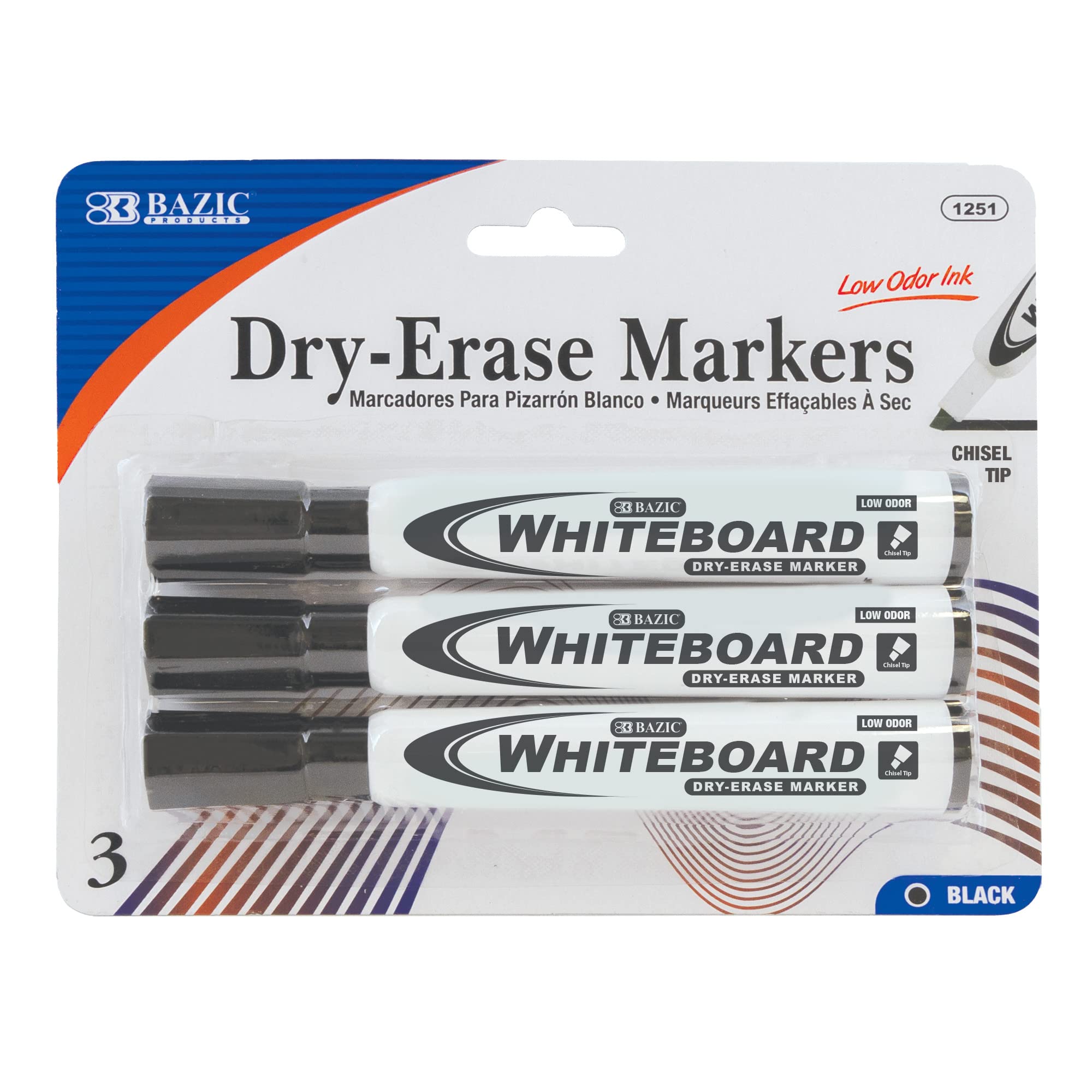 BAZIC Black Dry Erase Markers with Chisel Tip - Low Odor Whiteboard Pens (3-Pack, 144-Packs Total) - Ideal for Office, Classroom & Home Whiteboards