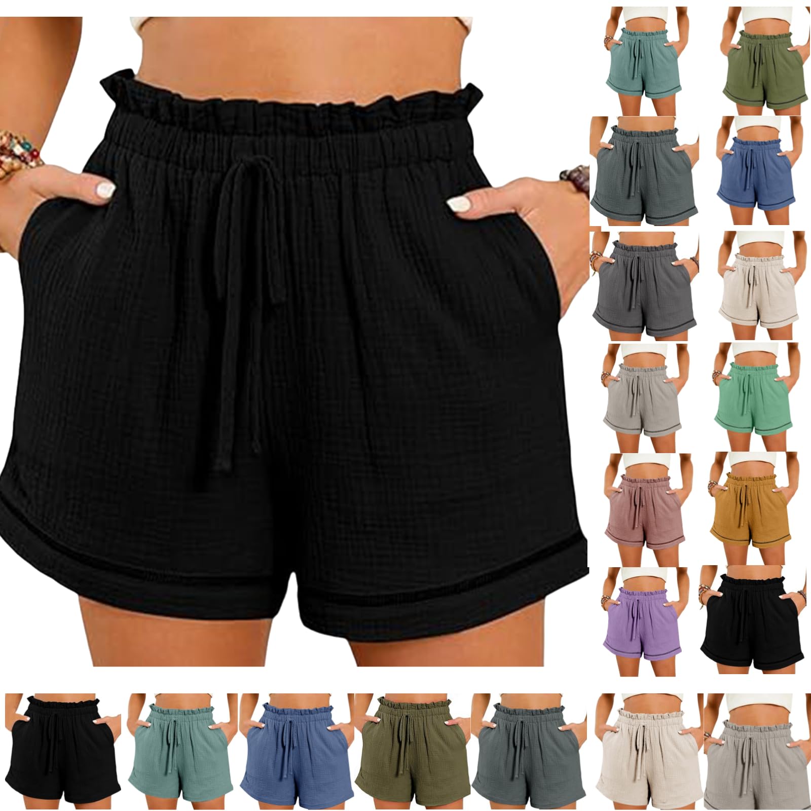 Women's Linen Shorts with Drawstring Waist & Pocket - Summer Athletic Wear