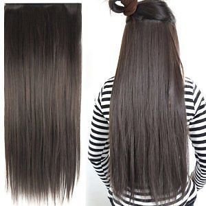 BLUSHIA Heat-Resistant Kanekalon Fiber Straight Hair Extensions for Women - 24 Inch Clip-In Human Hair Extensions (Brown) - Perfect for Daily Styling, Parties & Special Occasions