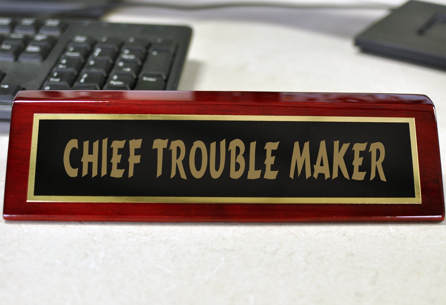 Chief Trouble Maker Desk Plate - 2 x 8 Inch Office Nameplate for Desk Decor | Perfect for Workstations, Home Offices & Corporate Gifts