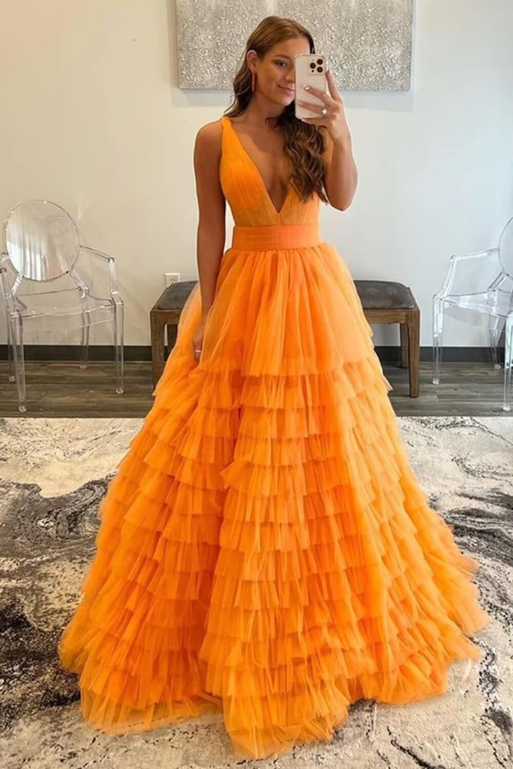 Elegant CWOAPO Tiered Tulle Prom Dress - Long Puffy Ball Gown with V-Neck & A-Line Silhouette for Weddings, Formal Evenings & Special Occasions | Perfect for Homecoming, Quinceañera & Black Tie Events