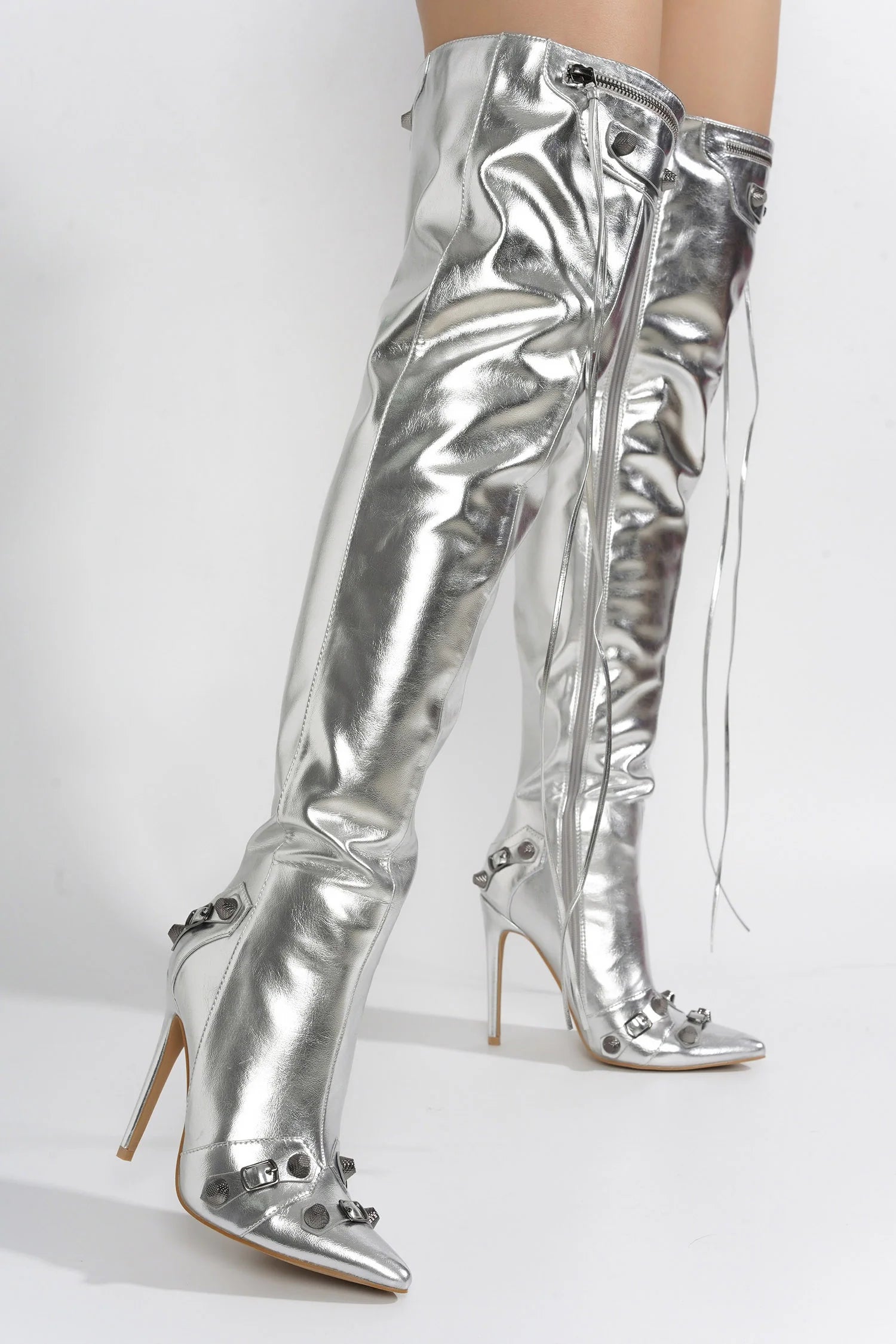 Paola Women's Over The Knee Boots - Silver High Heel Thigh High Boots for Party, Night Out & Winter Fashion
