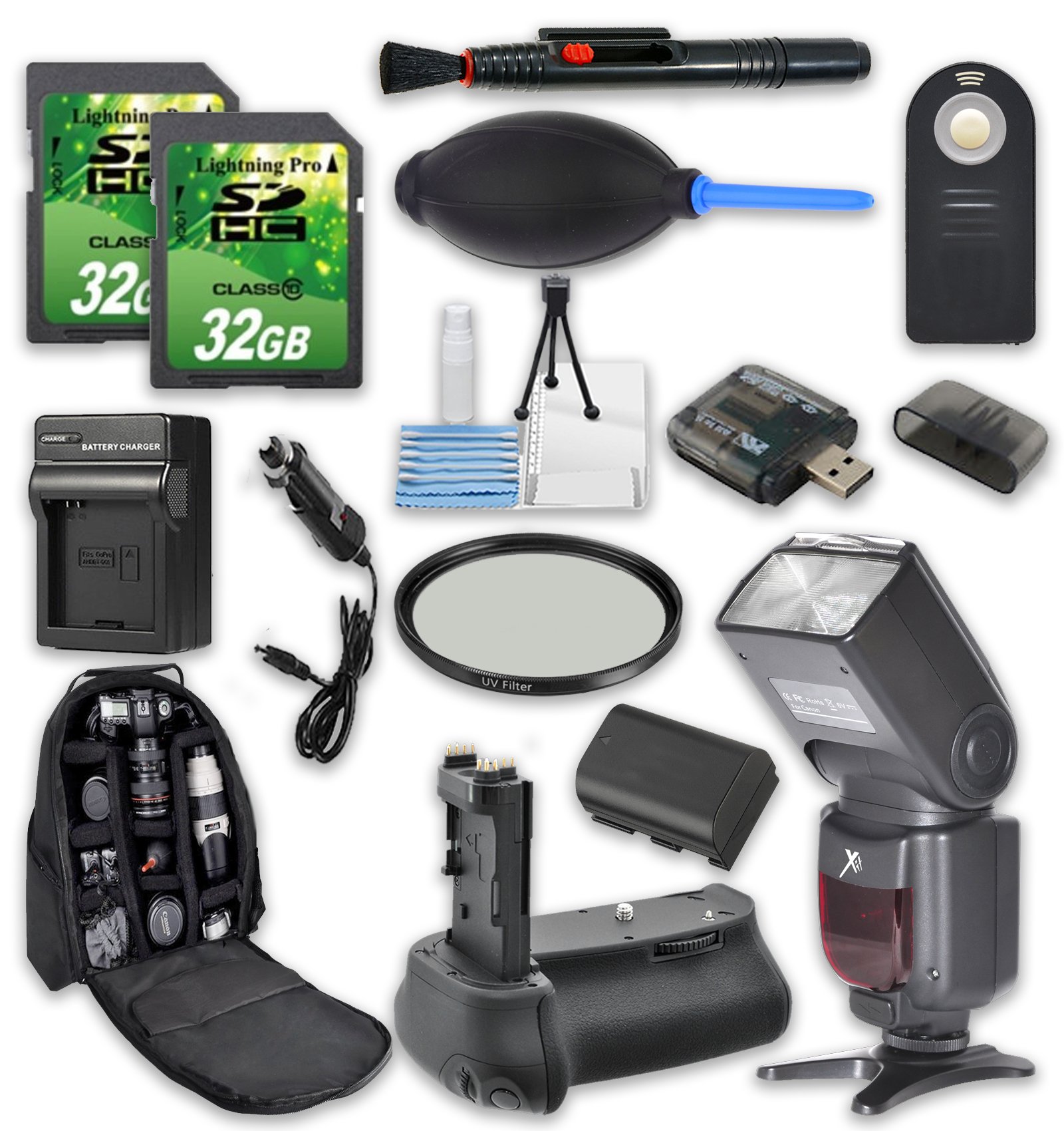 Canon Rebel 5D Mark III/5DS/5DS R Camera Accessory Bundle - Battery Grip, Extra Battery, Speedlite Flash, 2x 32GB SD Cards & DSLR Backpack | Perfect for Professional Photography, Travel & Outdoor Shooting