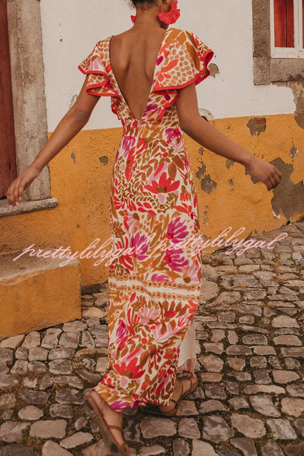 Stylish Printed V-Neck Open Back Ruffled Sleeves Slit Maxi Dress for Women | Summer Beach Party, Wedding Guest, Date Night Outfit