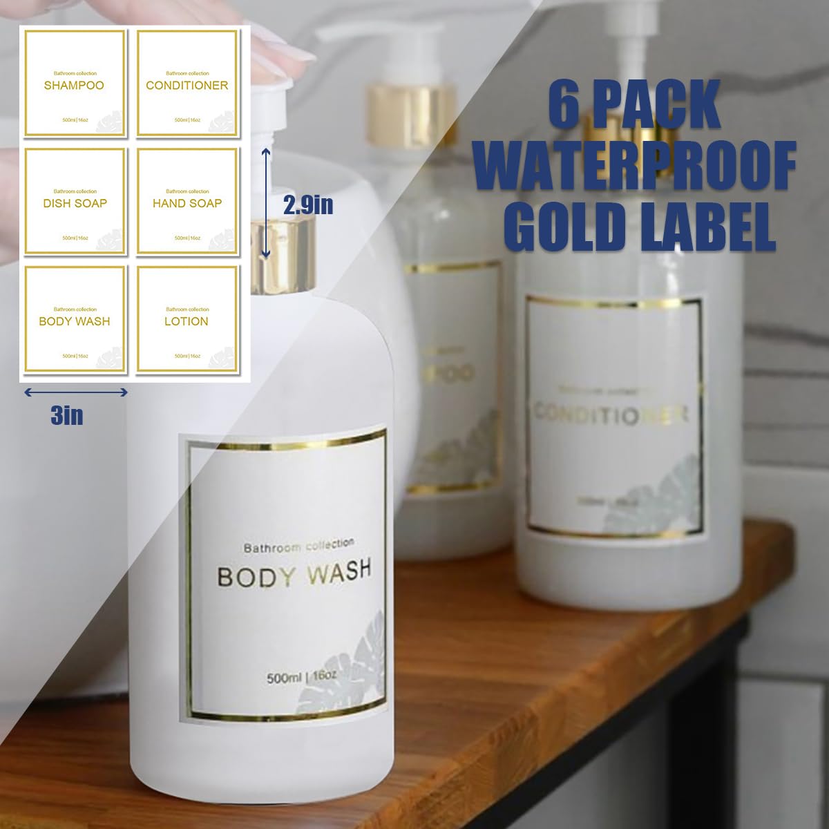 Akalin 16oz Refillable Shampoo and Conditioner Bottles Set - White & Gold Soap Pump Dispensers with Waterproof Labels (3-Pack) for Bathroom, Salon, Travel & Home Organization