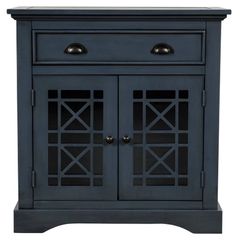 Vintage Wood Storage Cabinet with Doors & Large Drawer - Antique Navy Home Office Furniture for Organizing Files, Books & Supplies | Perfect for Living Room, Bedroom or Study